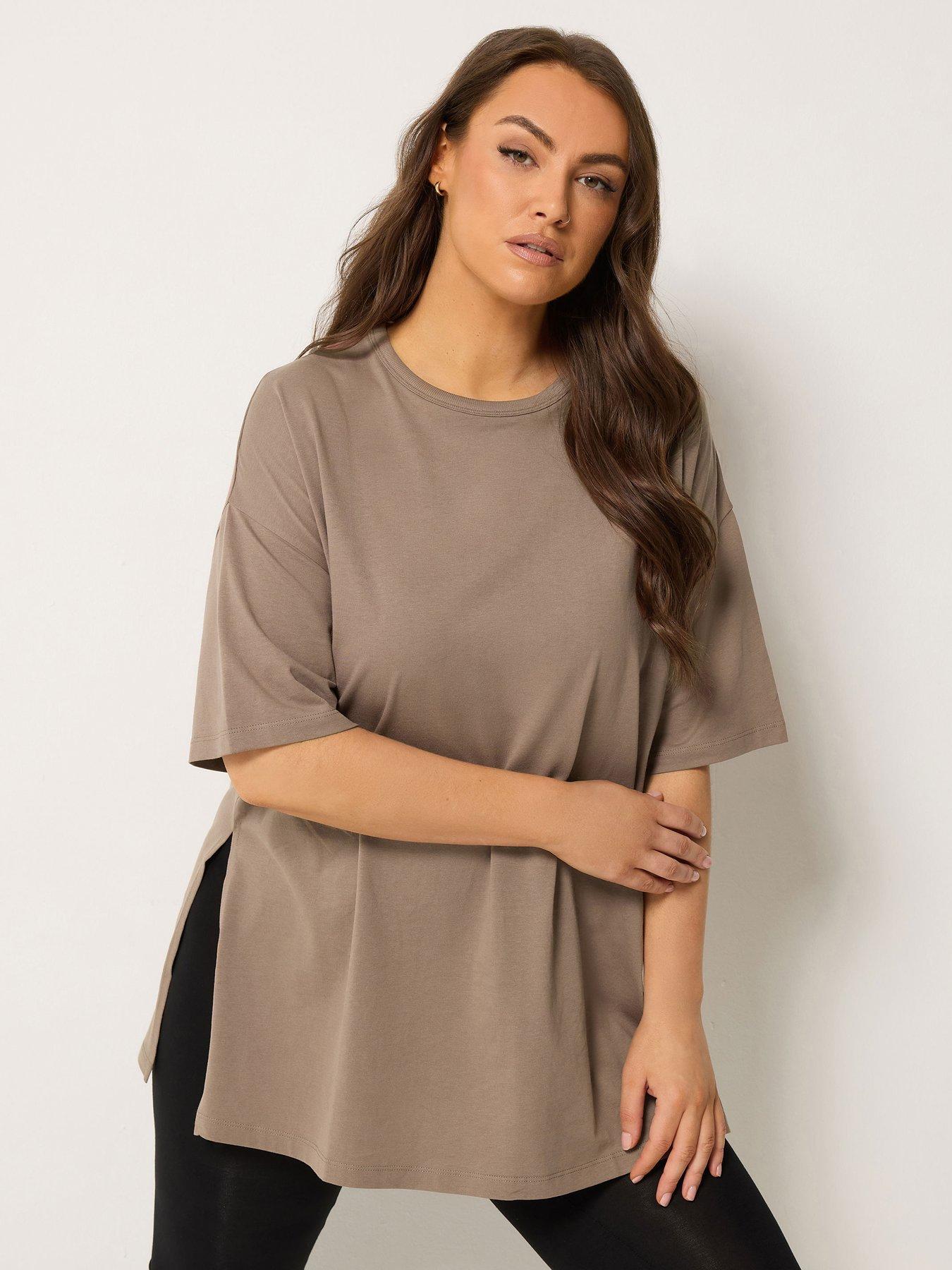 Yours Curve Relaxed Side Split Longline T-Shirt - Brown