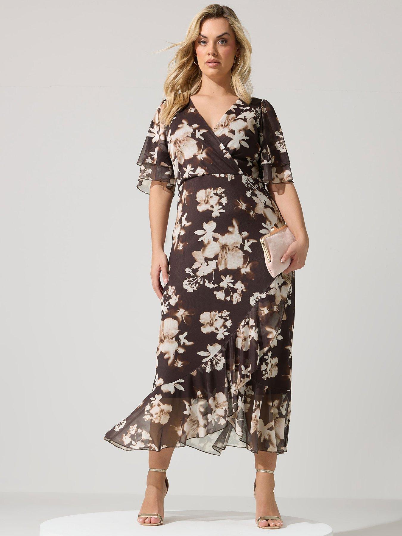 Yours Curve Floral Mesh Wrap Ruffle Dress