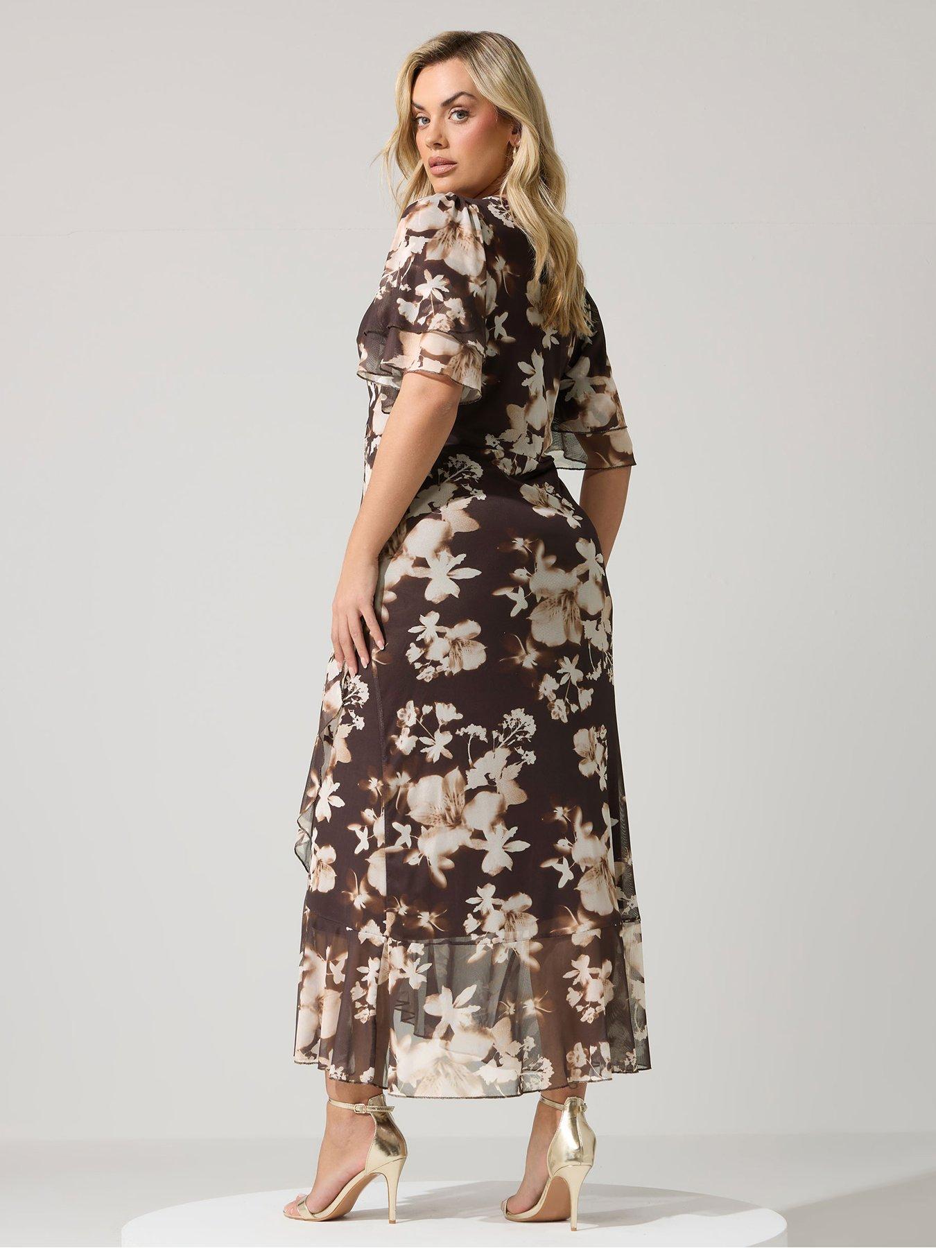 Image 2 of 5 of Yours Curve Floral Mesh Wrap Ruffle Dress - Brown