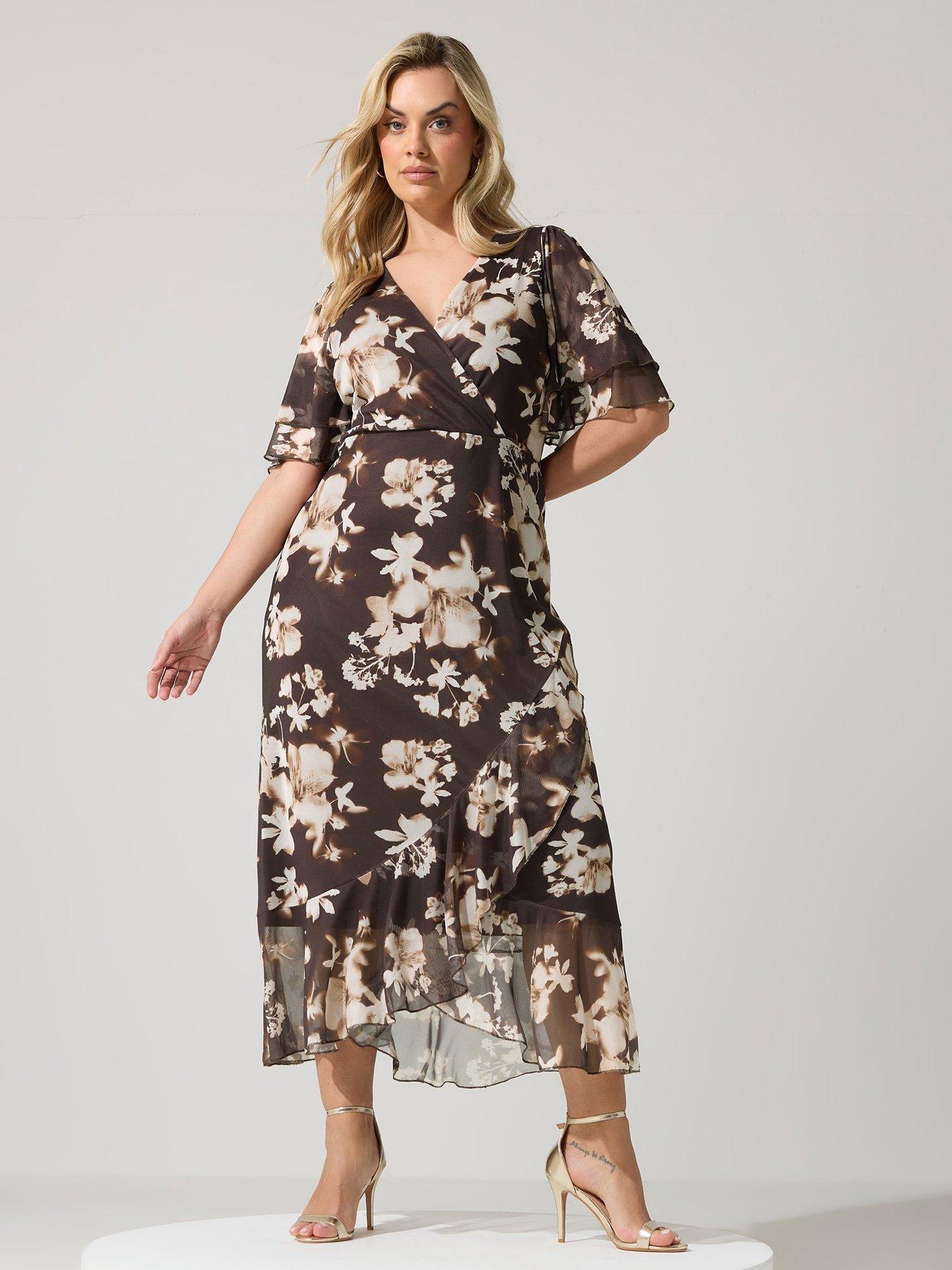 Image 3 of 5 of Yours Curve Floral Mesh Wrap Ruffle Dress - Brown