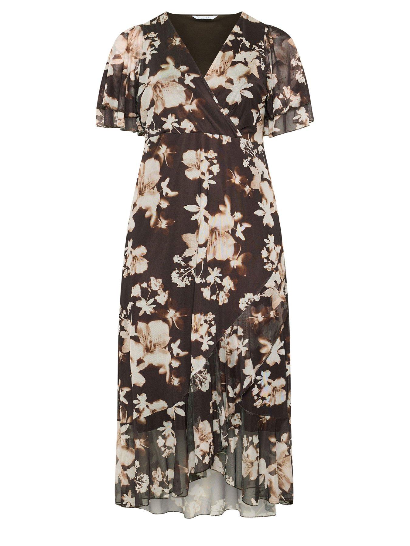 Image 5 of 5 of Yours Curve Floral Mesh Wrap Ruffle Dress - Brown