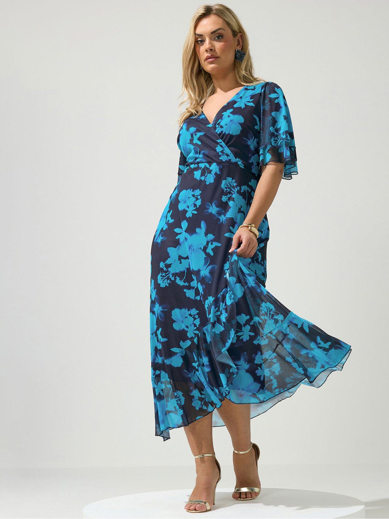 yours-curve-floral-mesh-wrap-ruffle-dress-bluefront