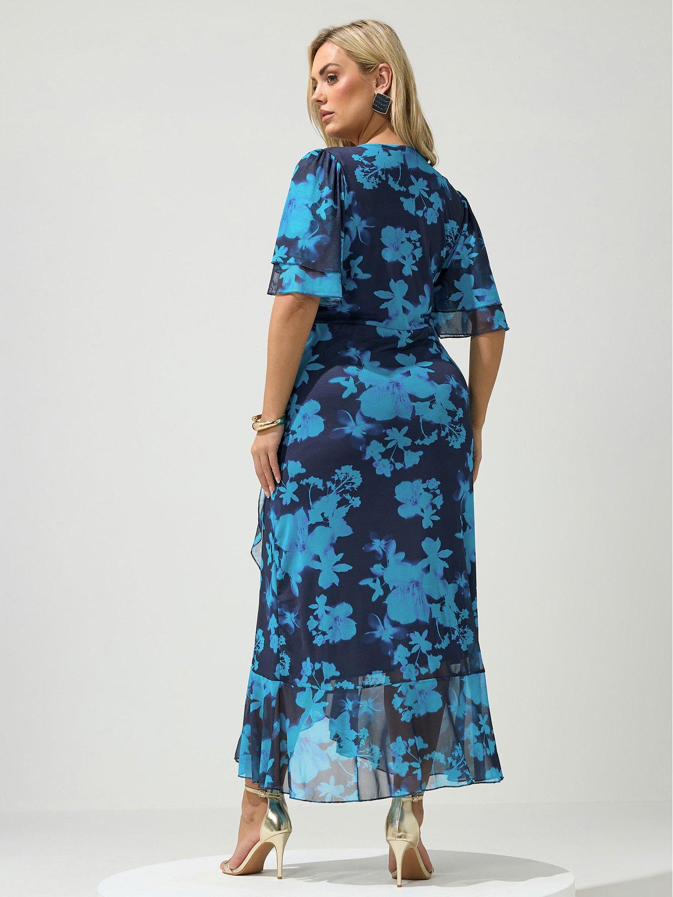 yours-curve-floral-mesh-wrap-ruffle-dress-bluestillFront