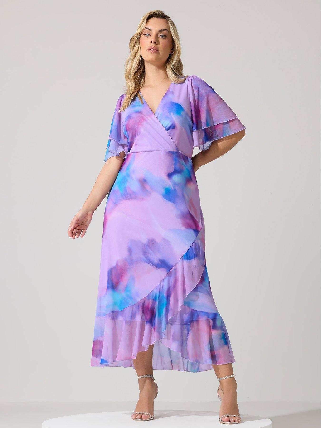Image 1 of 4 of Yours Curve Abstract Mesh Wrap Ruffle Dress