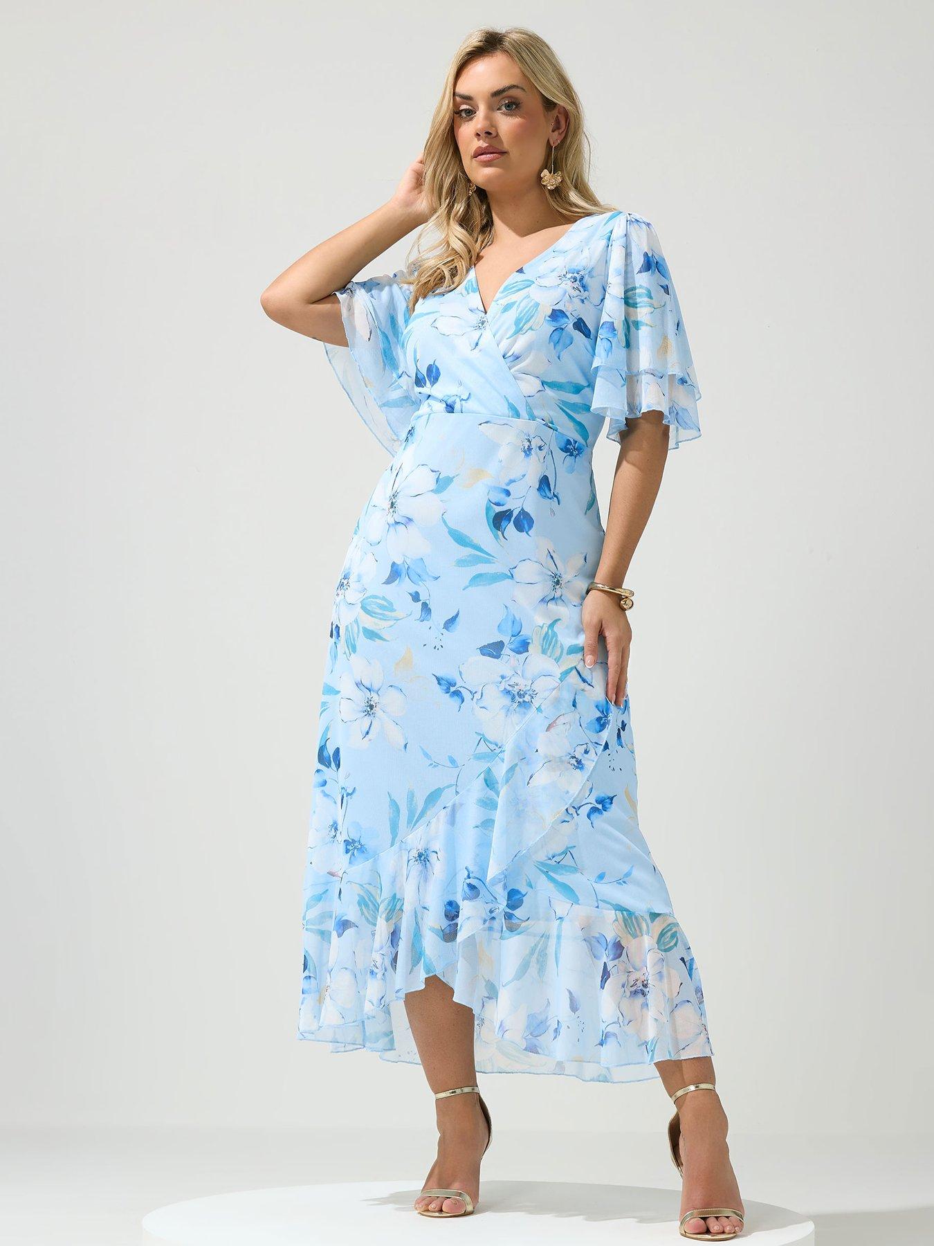 yours-curve-floral-mesh-wrap-ruffle-dress-bluefront