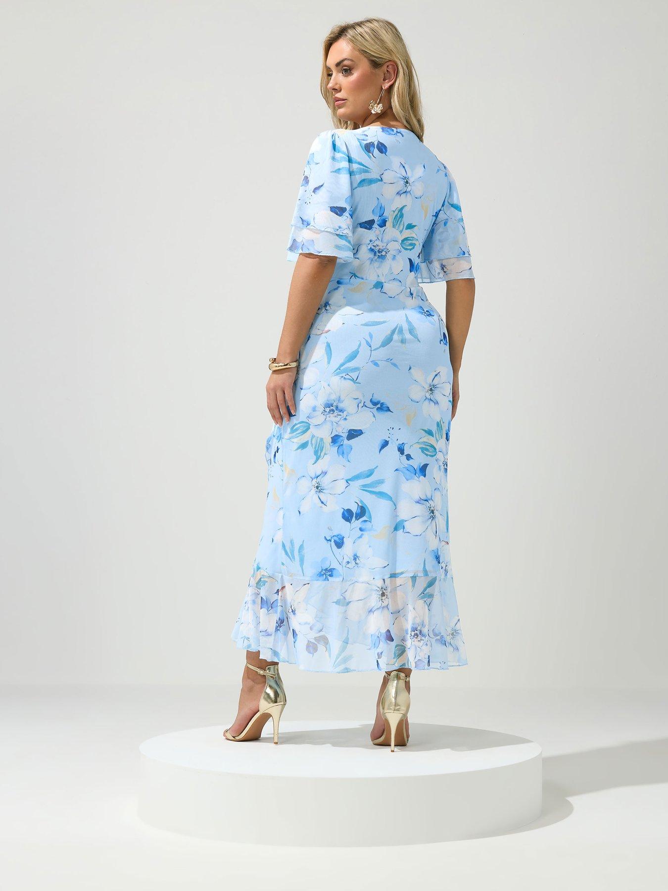 yours-curve-floral-mesh-wrap-ruffle-dress-bluestillFront