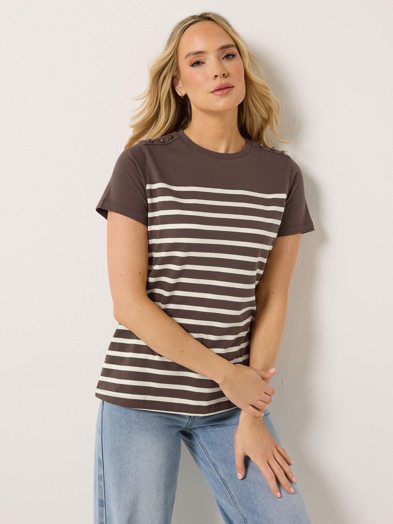 Long Tall Sally Tall Stripe Button Shoulder T-shirt