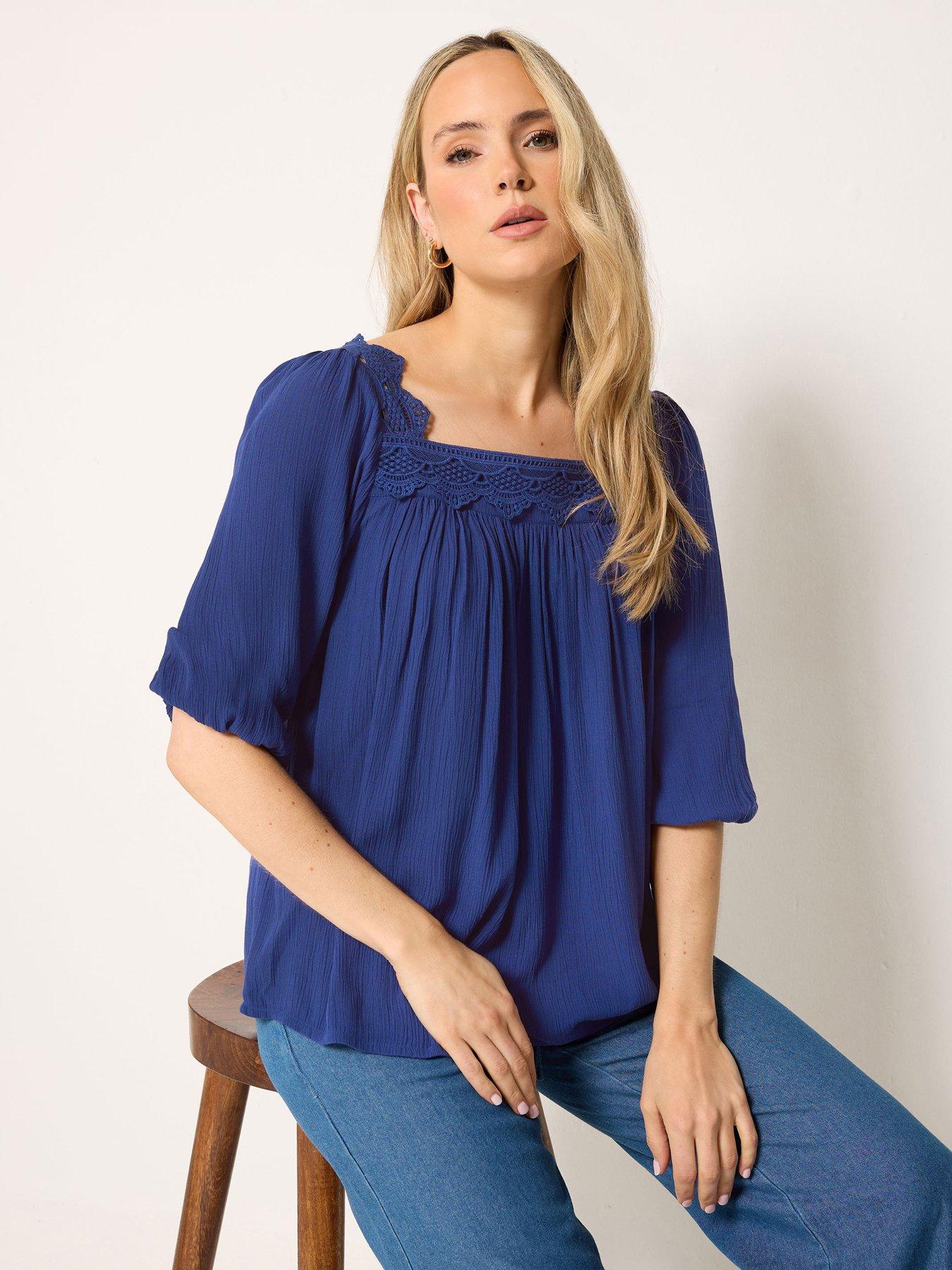 Long Tall Sally Lace Square Neck Crinkle Top - Blue