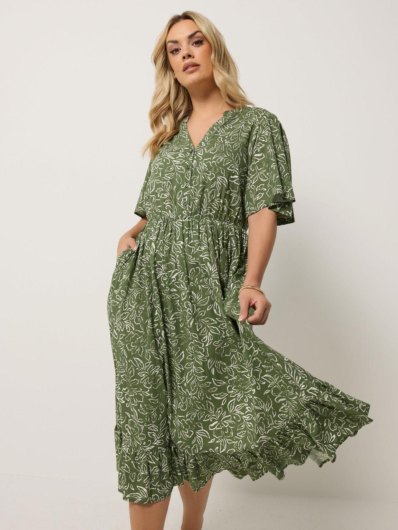 Yours Curve Floral Half Placket Dress - Green