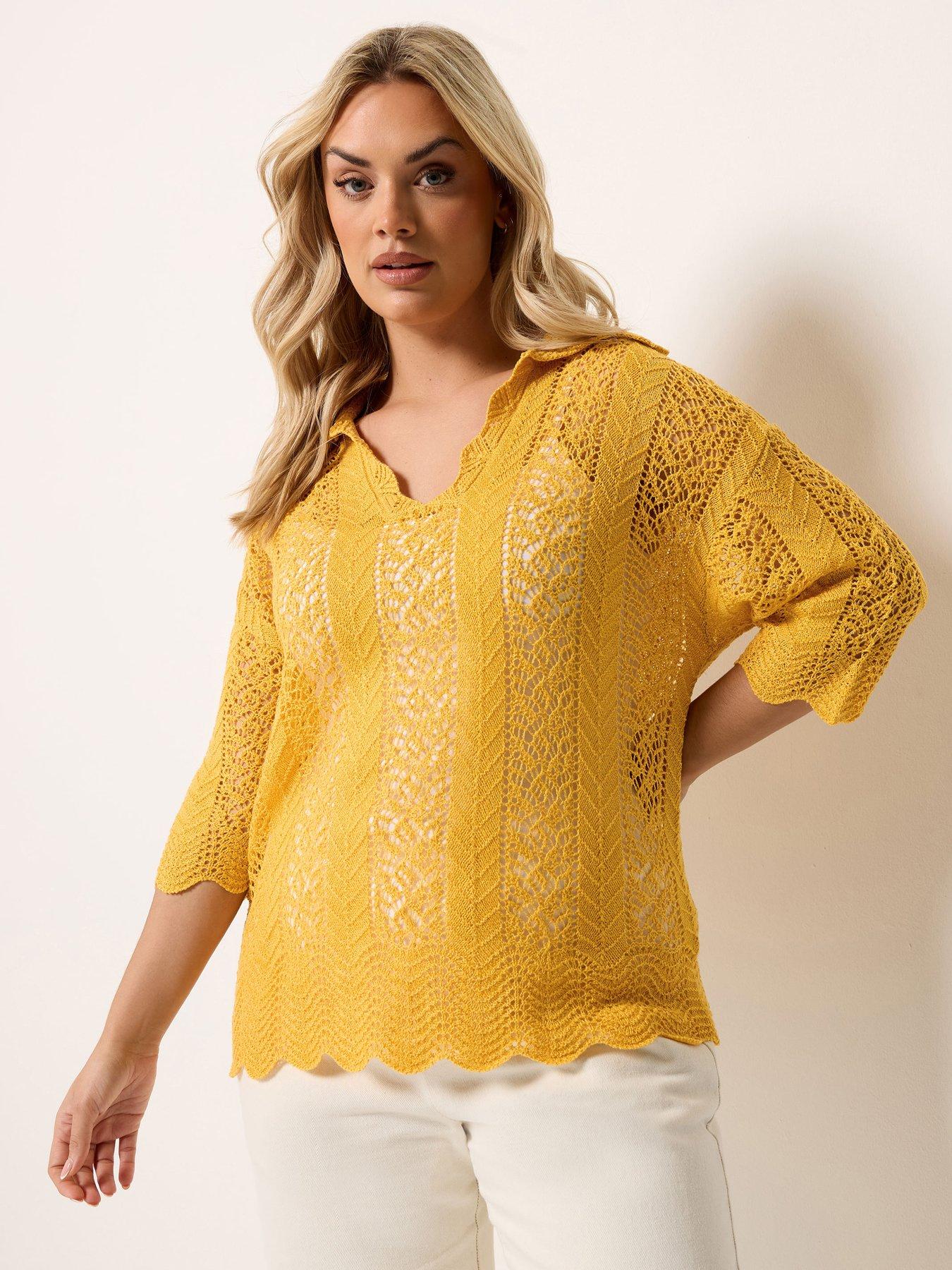 Yours Curve Knitted Collar Pointelle T-Shirt - Yellow