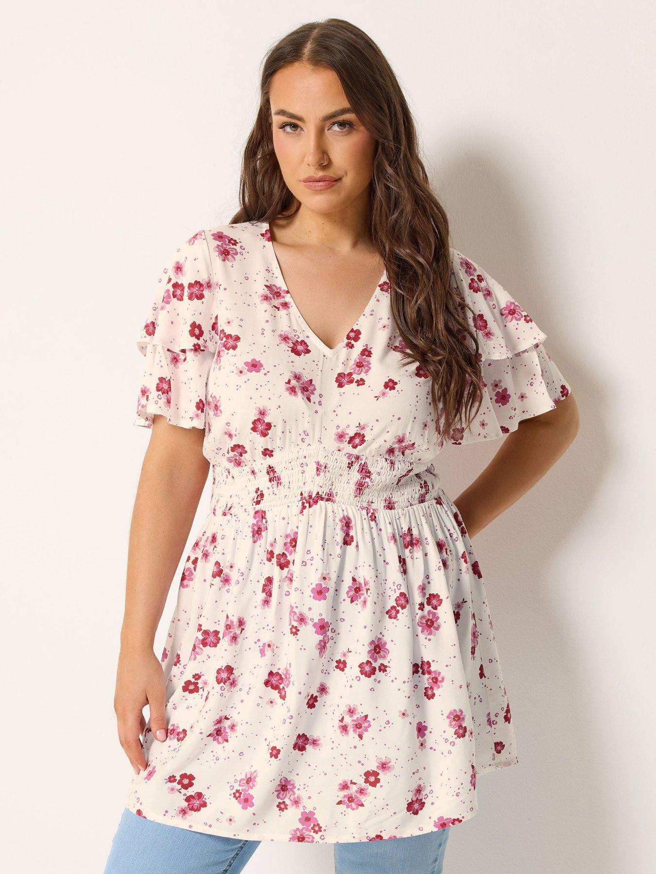 Yours Curve Daisy Print Flutter Sleeve Top - White