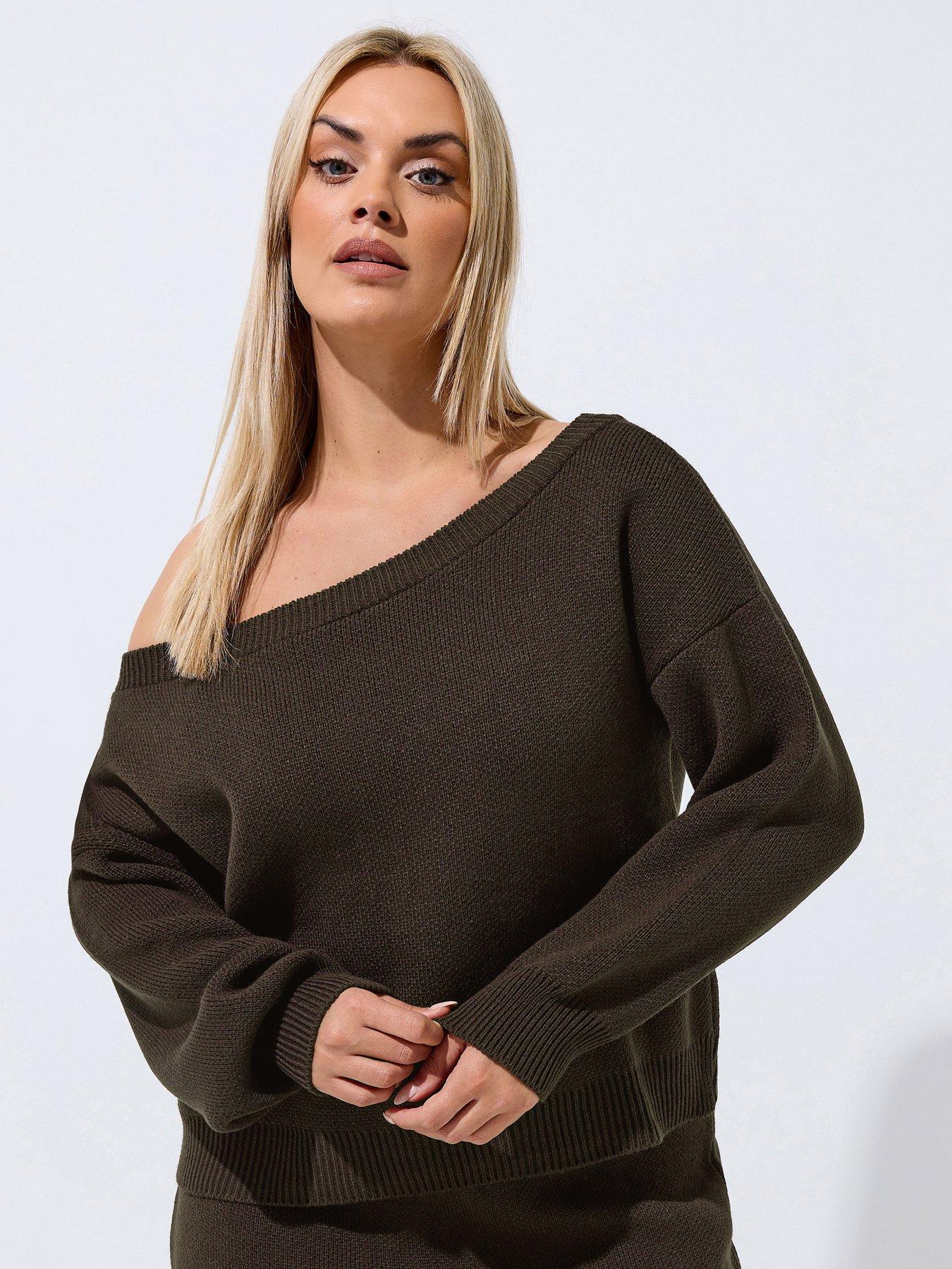Yours Curve Off Shoulder Knit Jumper - Brown