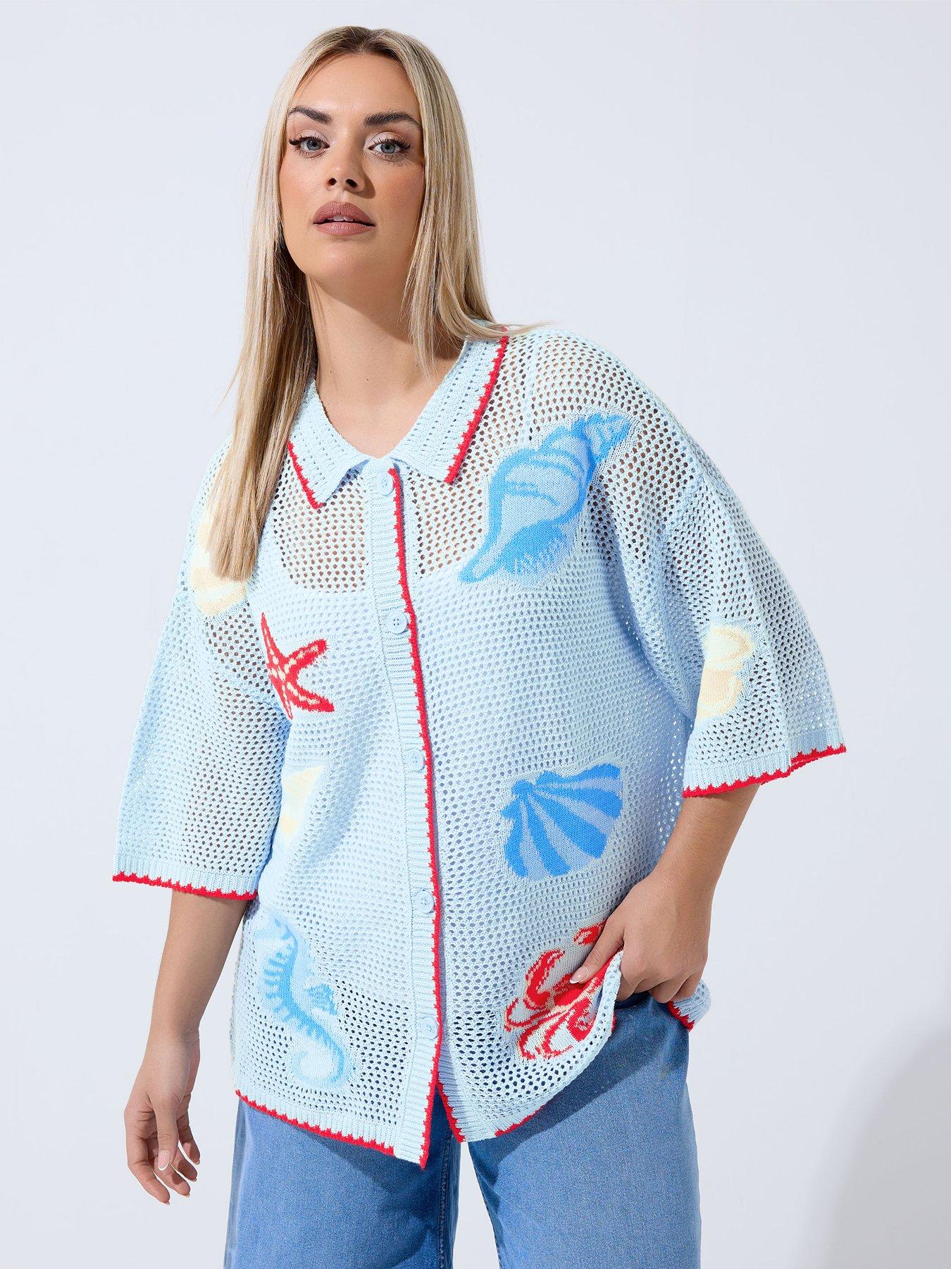 Image 1 of 4 of Yours Curve Crochet Shirt - Blue