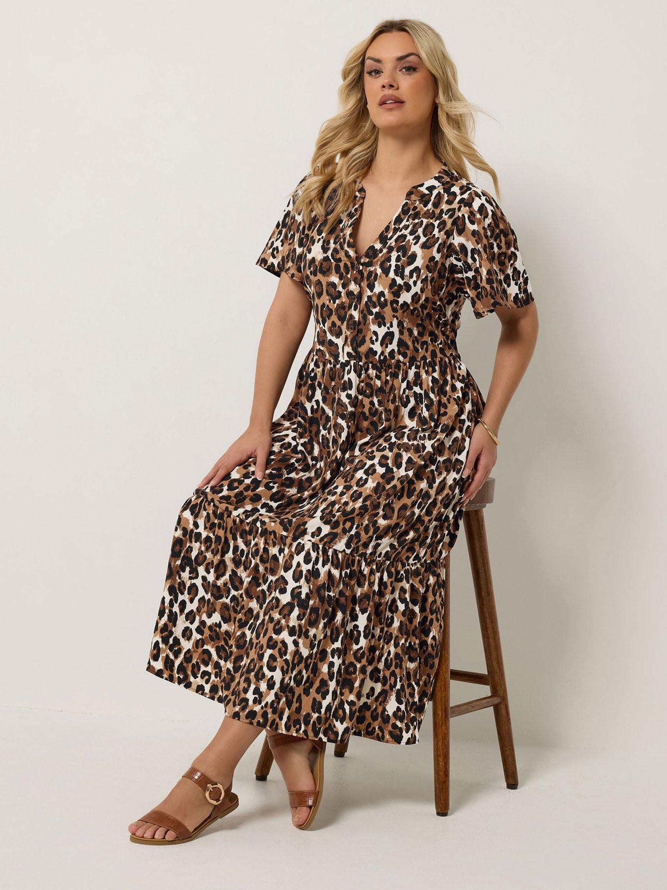 Image 1 of 6 of Yours Curve Leopard Print Half Placket Dress - Brown