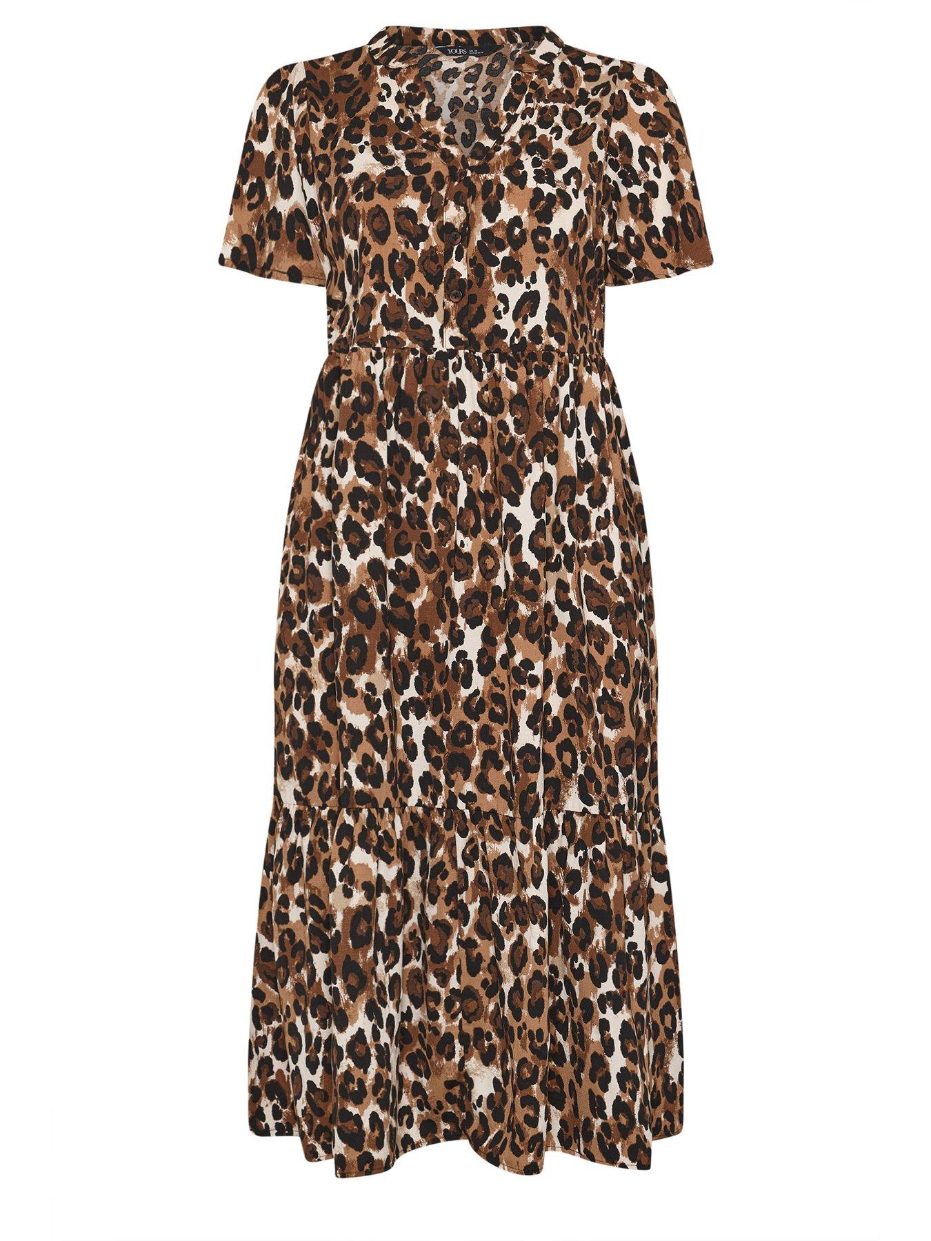 Image 6 of 6 of Yours Curve Leopard Print Half Placket Dress - Brown