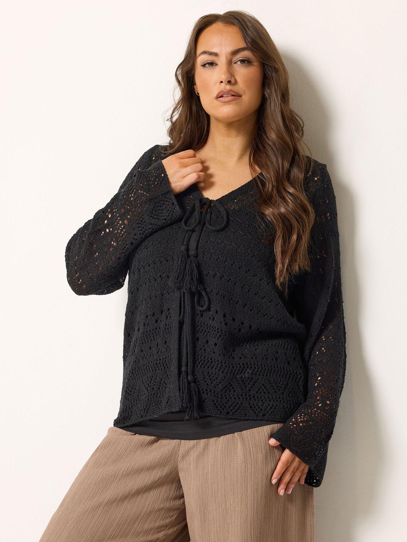Yours Curve Crochet Tie Cardigan - Black