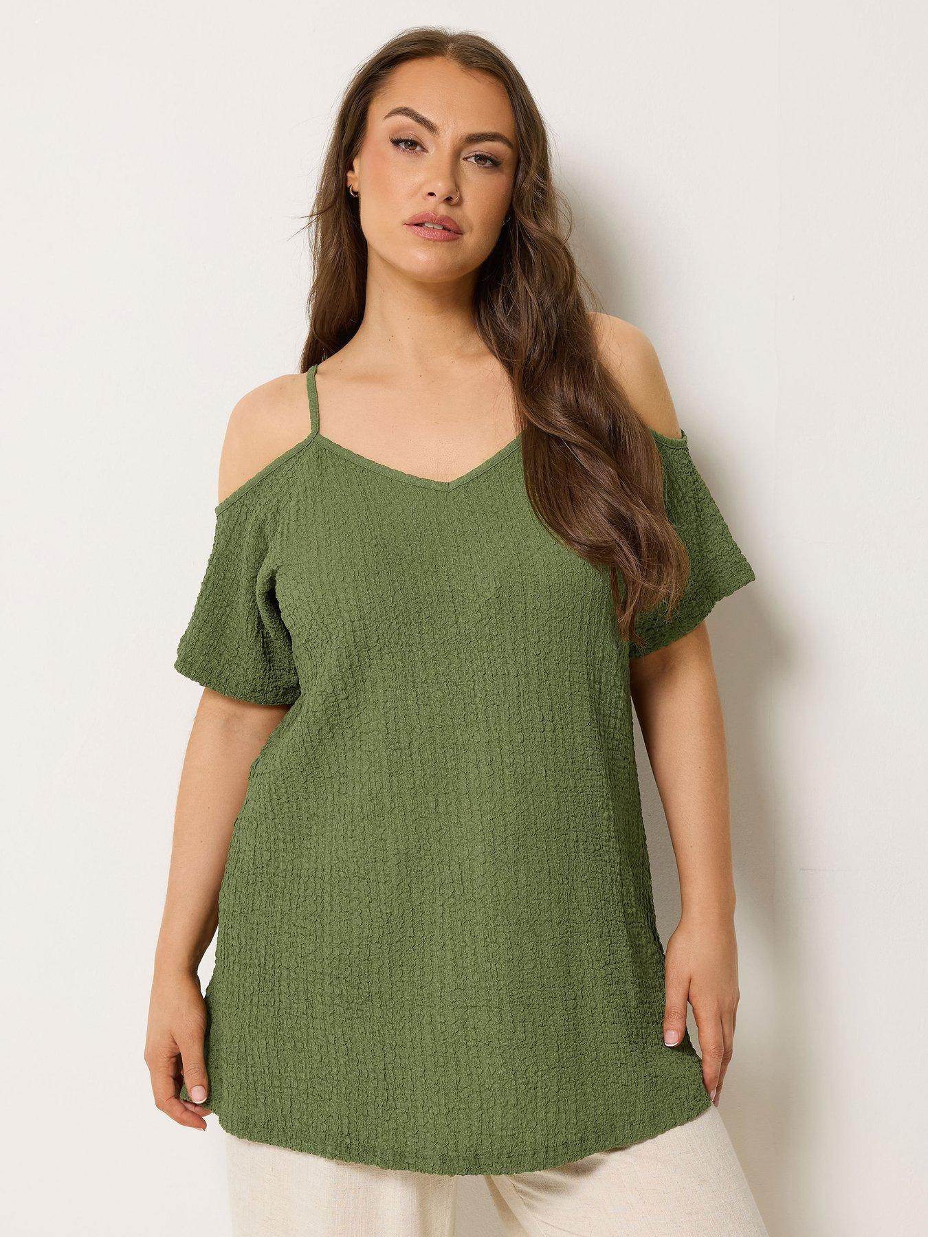 Yours Curve Textured Cold Shoulder Top - Khaki Green