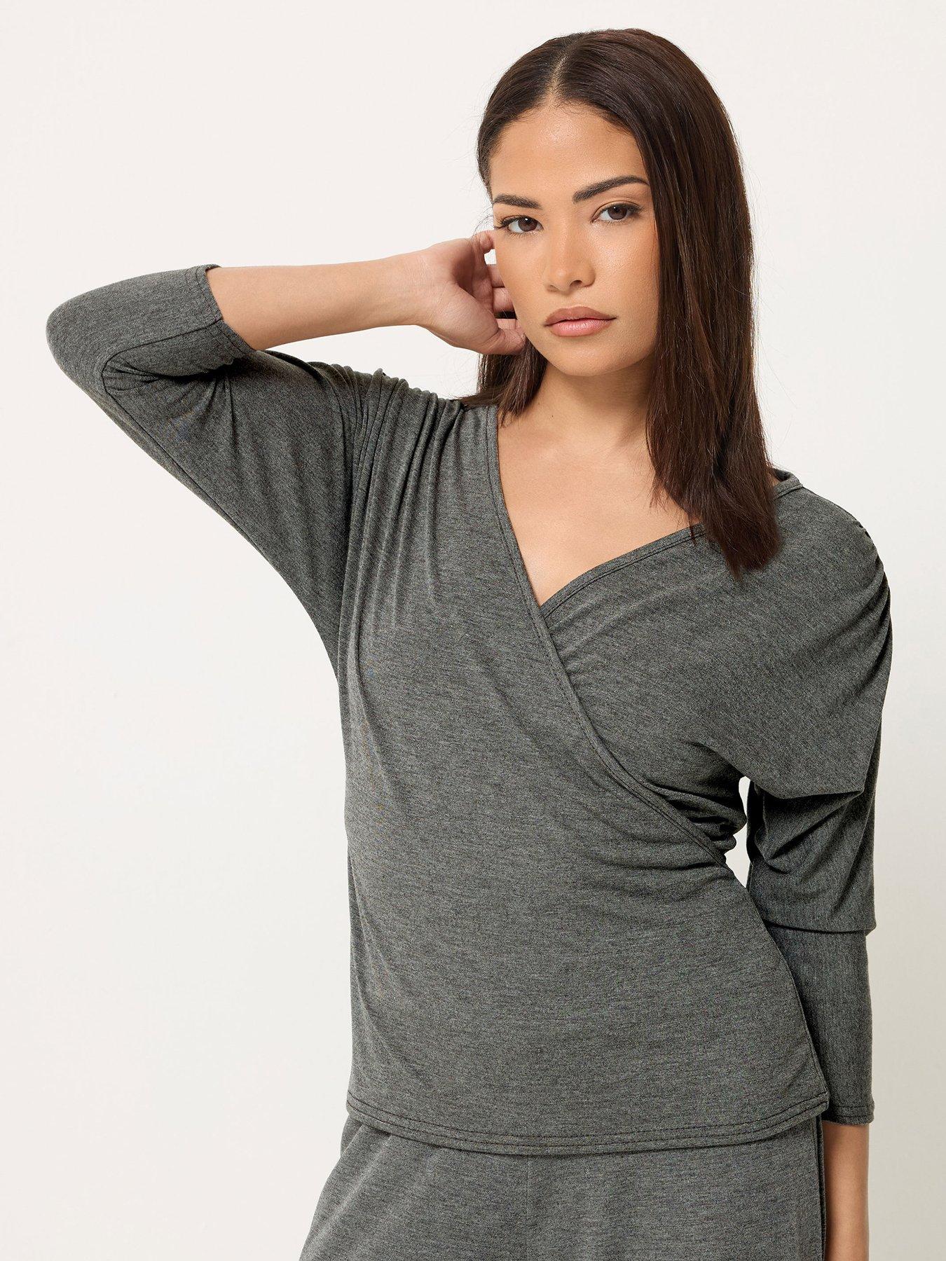 PixieGirl Petite 3/4 Sleeve Wrap Top - Black