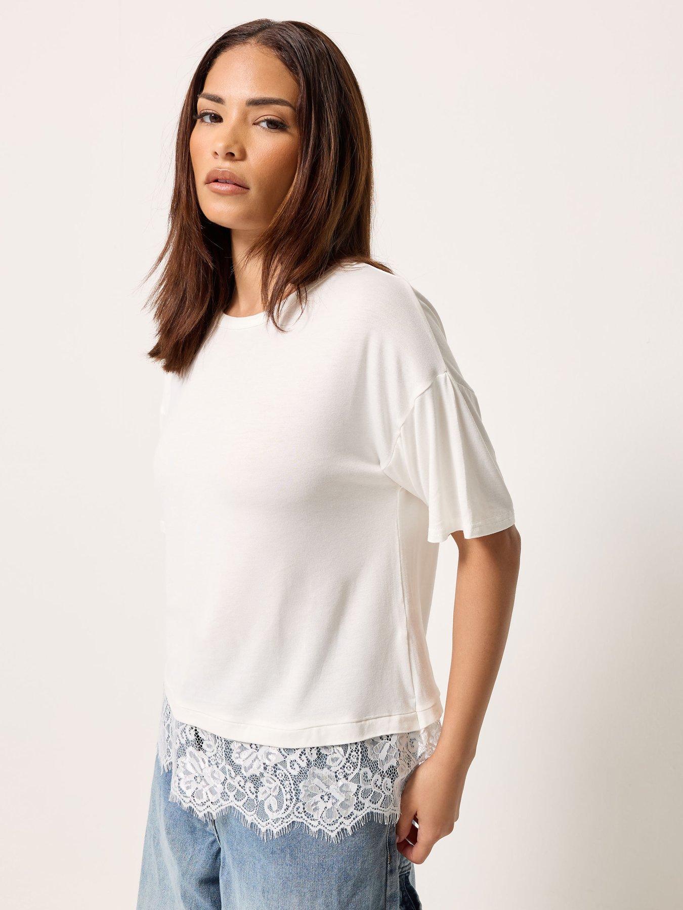 PixieGirl Petite Lace Hem T-Shirt - White