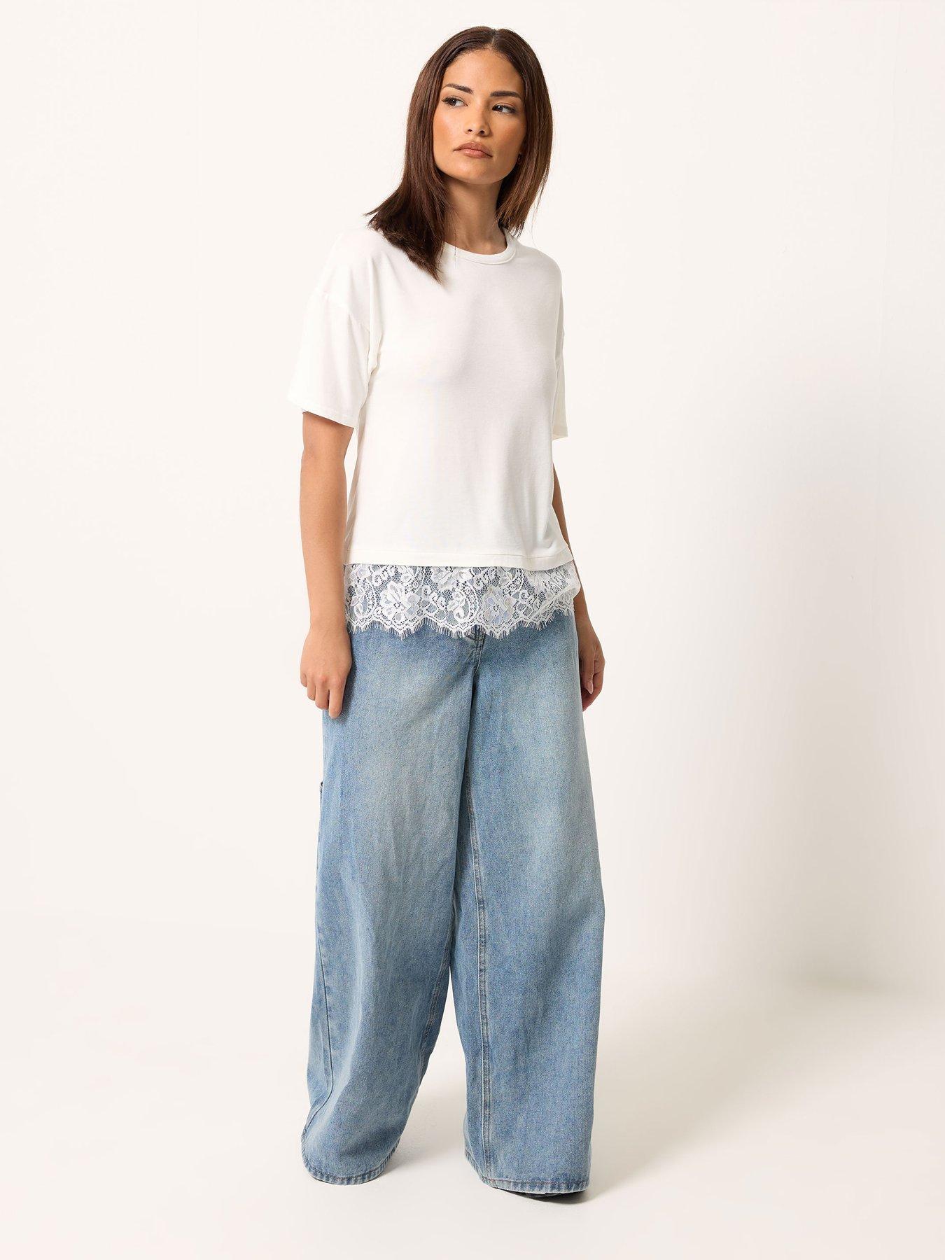 Image 3 of 4 of PixieGirl Petite Lace Hem T-shirt