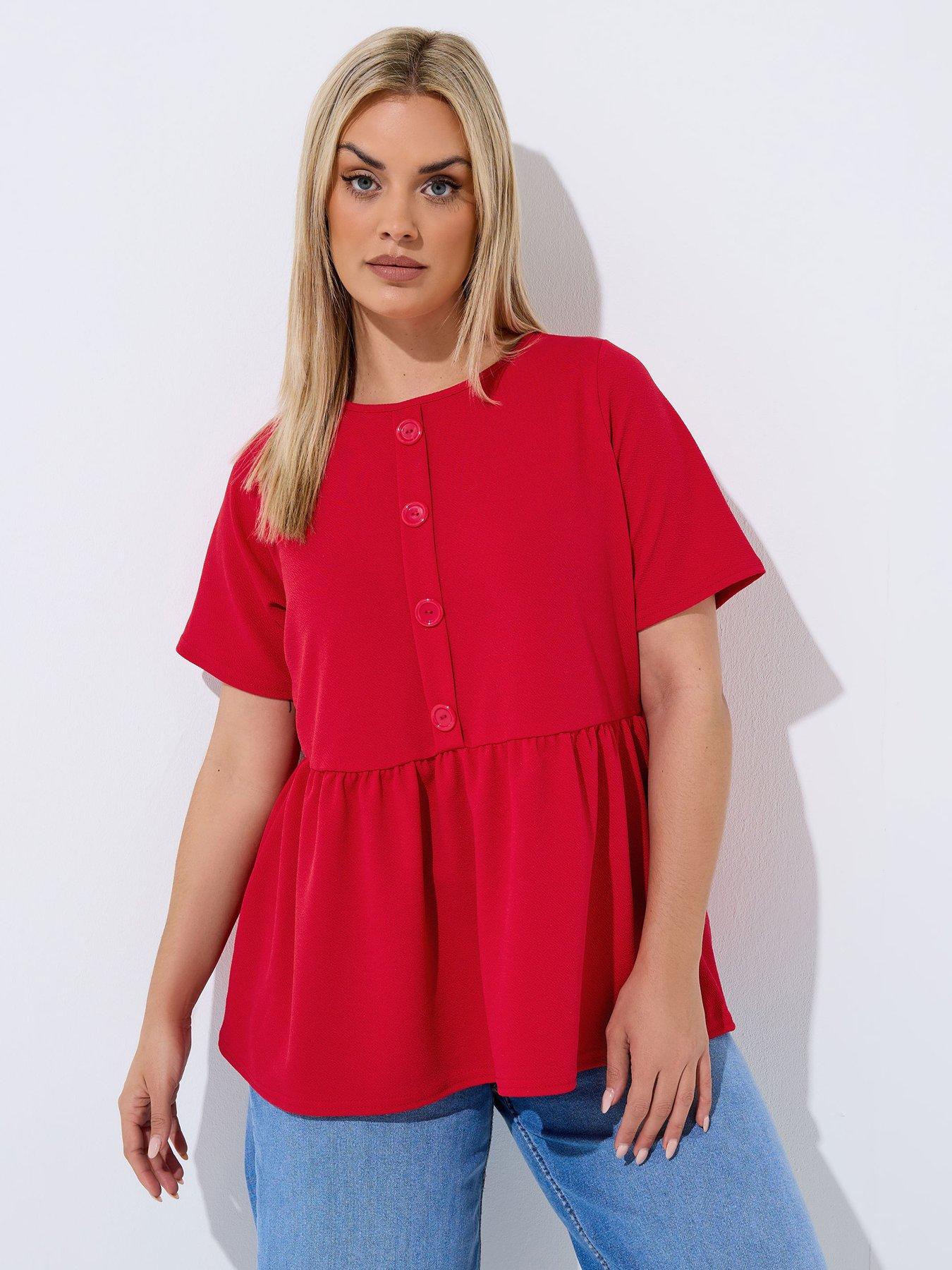 Yours Curve Button Down Peplum Top - Red