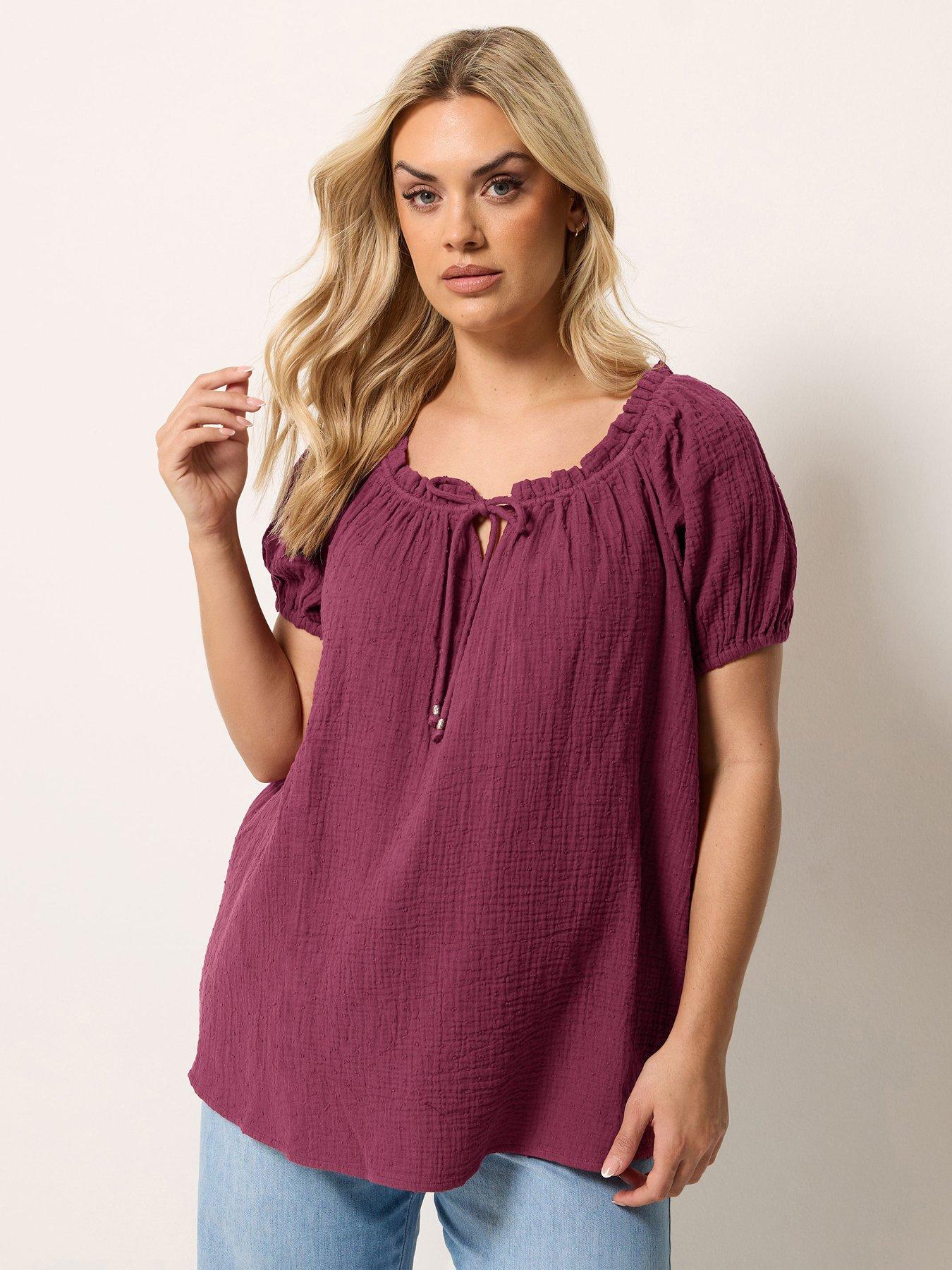 Image 1 of 4 of Yours Curve Cheesecloth Dobby Bardot Top - Burgundy