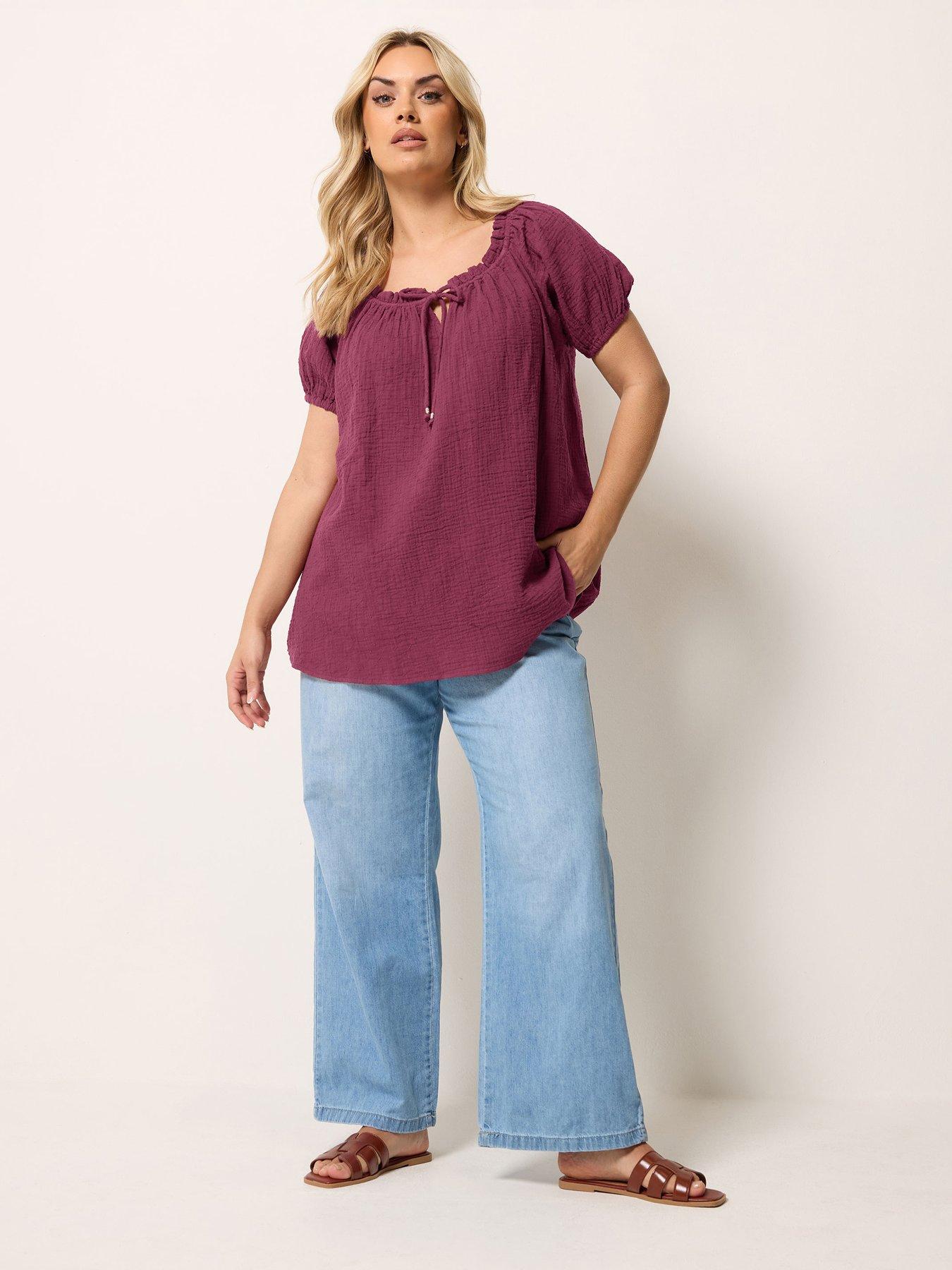 Image 3 of 4 of Yours Curve Cheesecloth Dobby Bardot Top - Burgundy