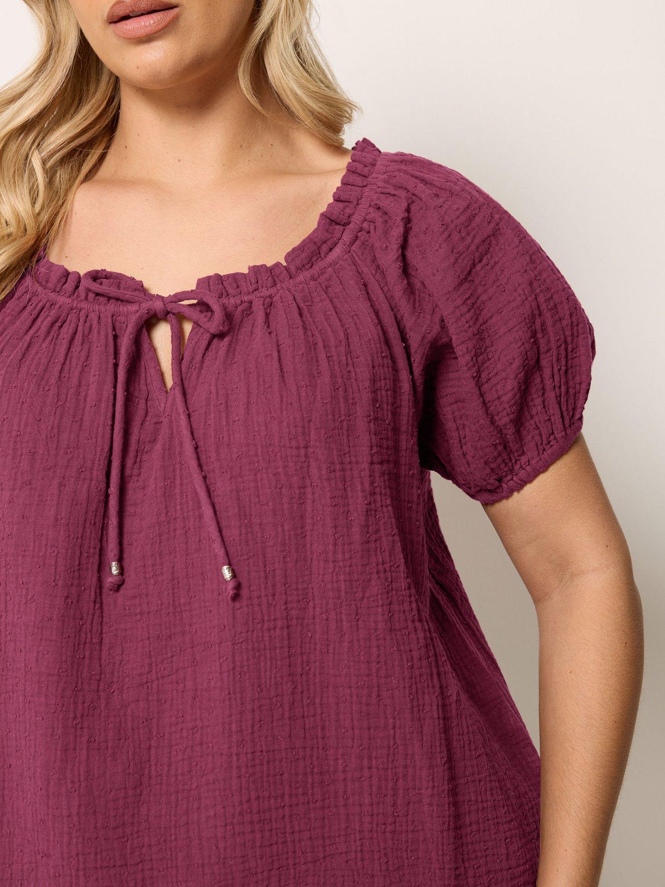 Image 4 of 4 of Yours Curve Cheesecloth Dobby Bardot Top - Burgundy
