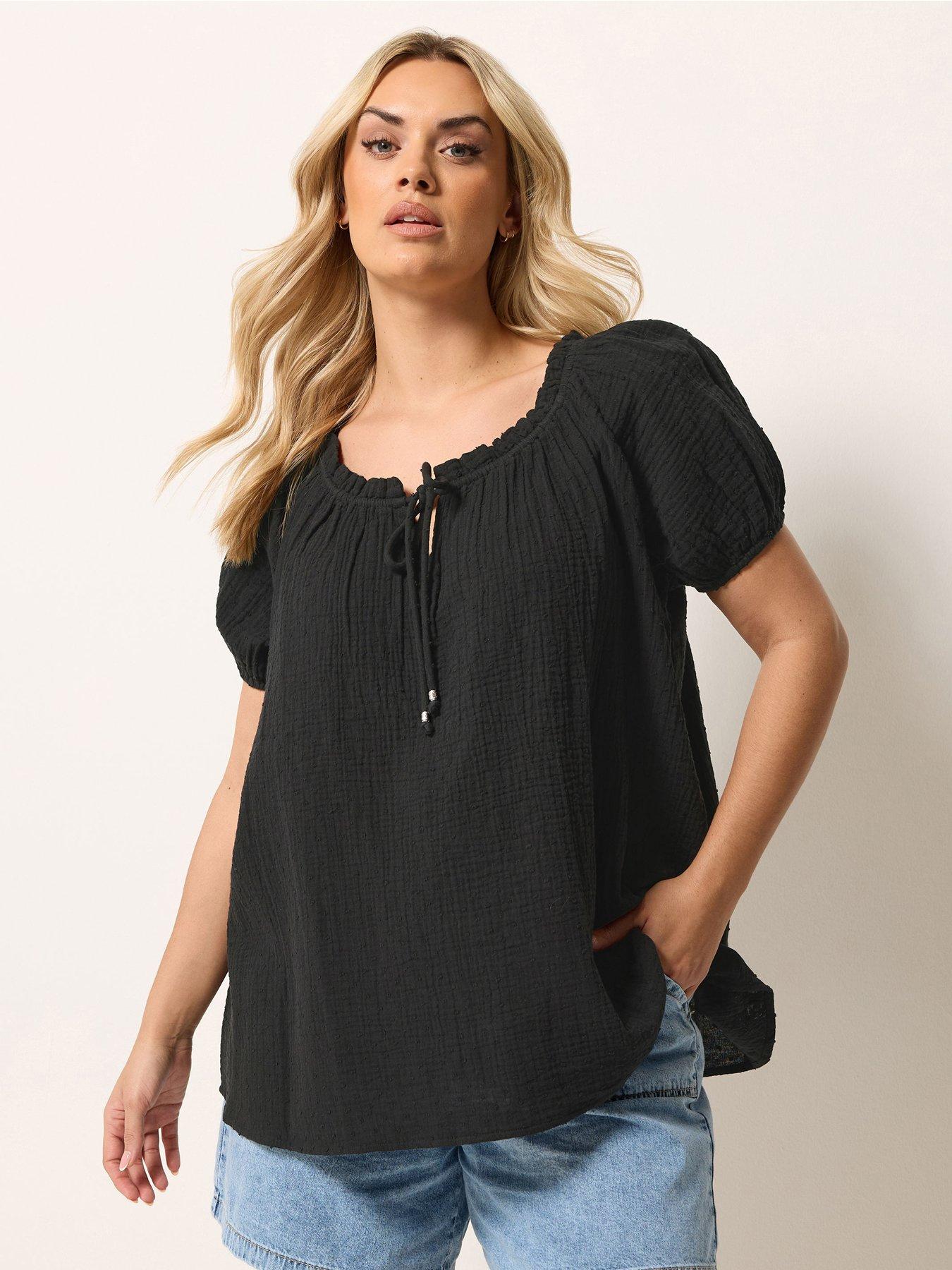 yours-curve-cheesecloth-dobby-bardot-top-blackfront