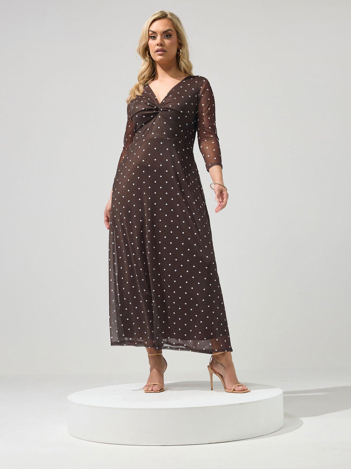 Yours Curve Polkadot Mesh Knot Dress - Brown