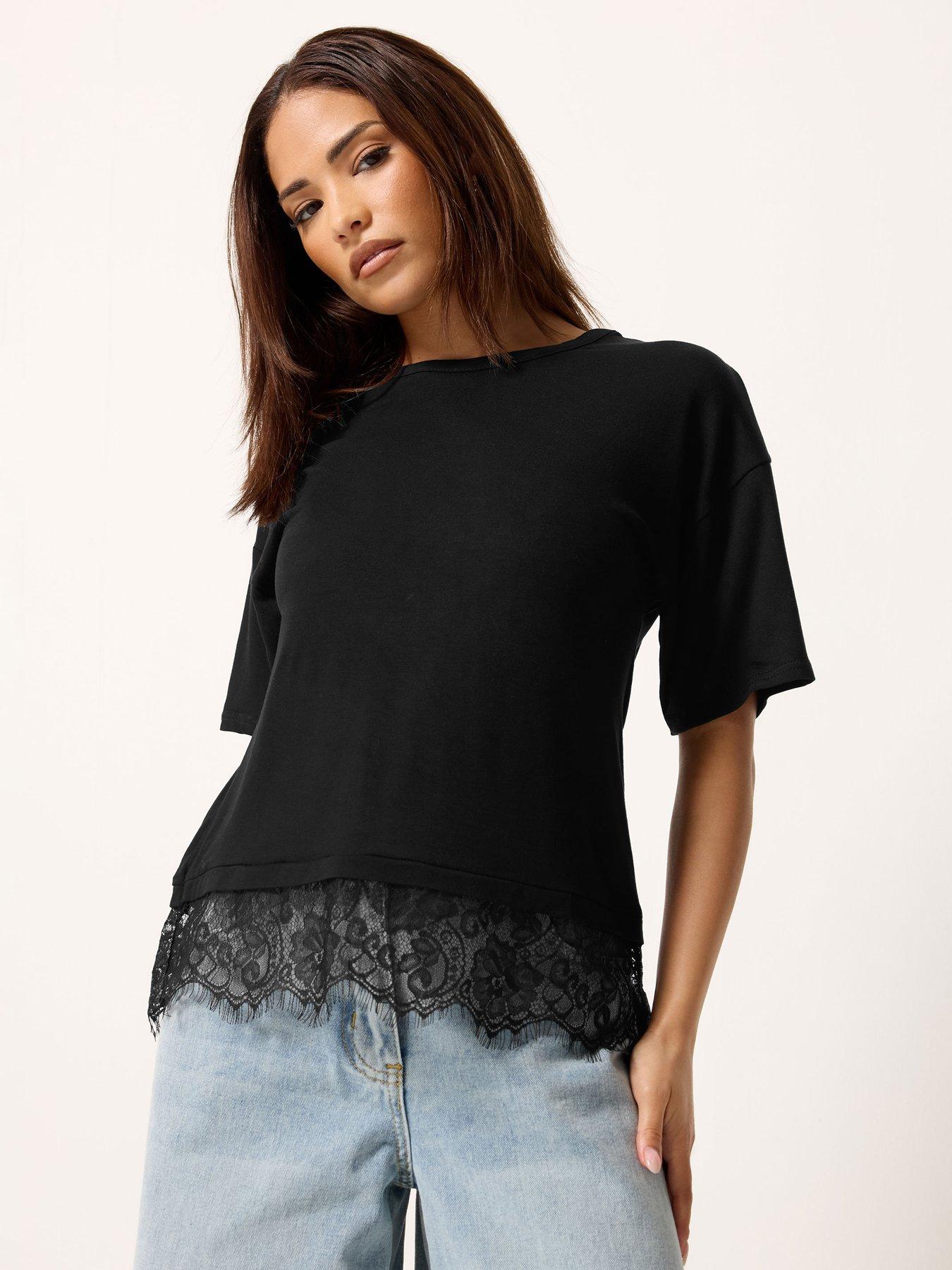 PixieGirl Petite Lace Hem T-Shirt - Black