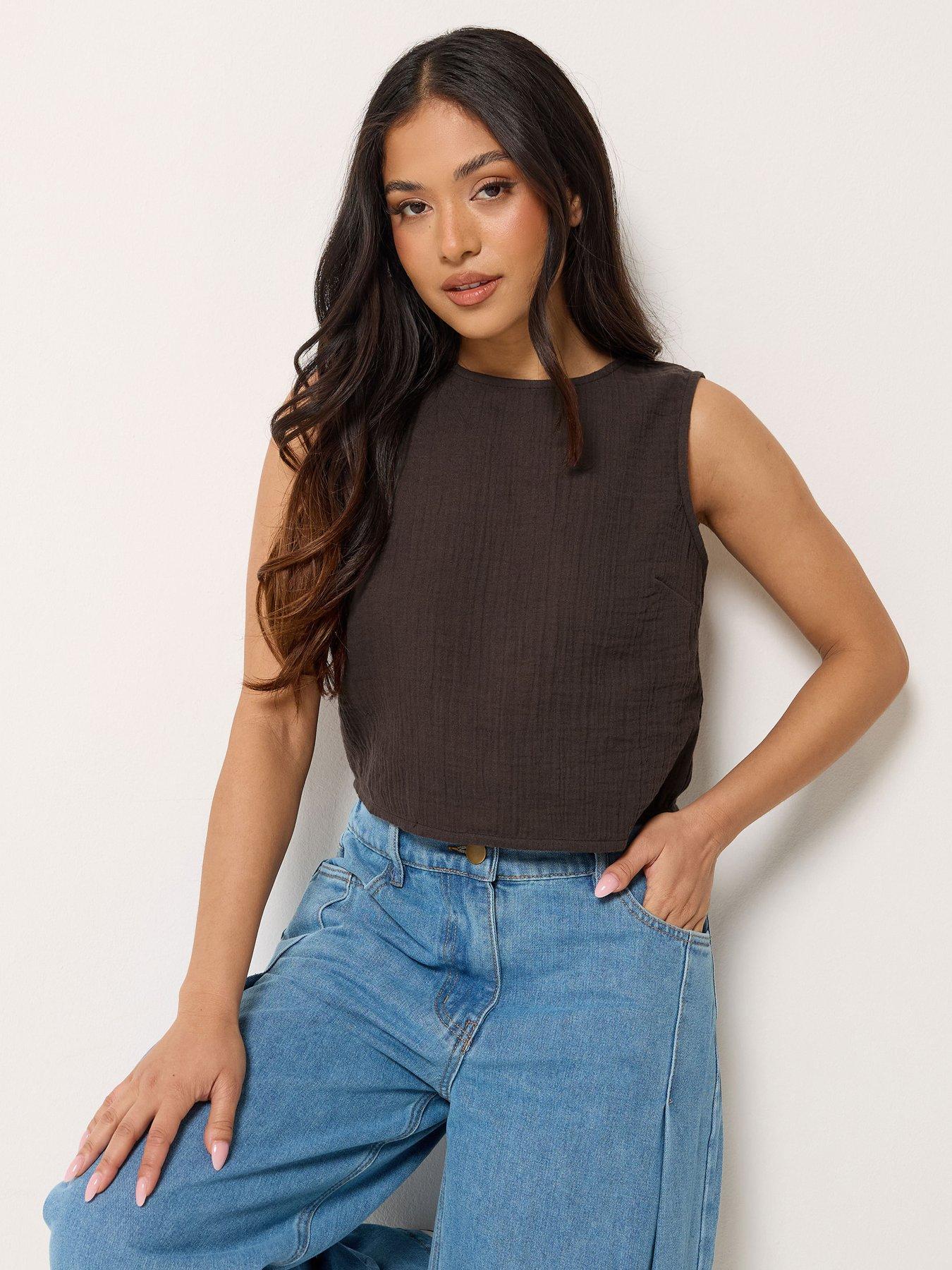 PixieGirl Petite Cheesecloth Button Top - Brown