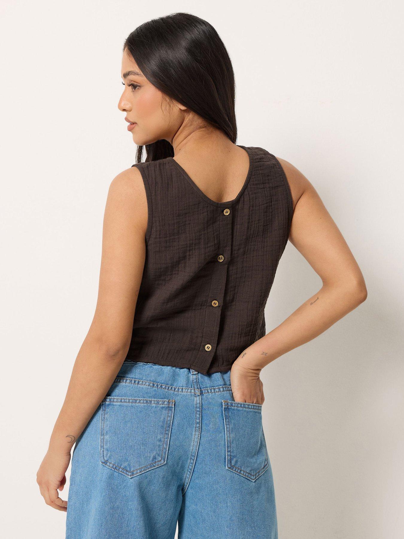 Image 2 of 4 of PixieGirl Petite Cheesecloth Button Top - Brown