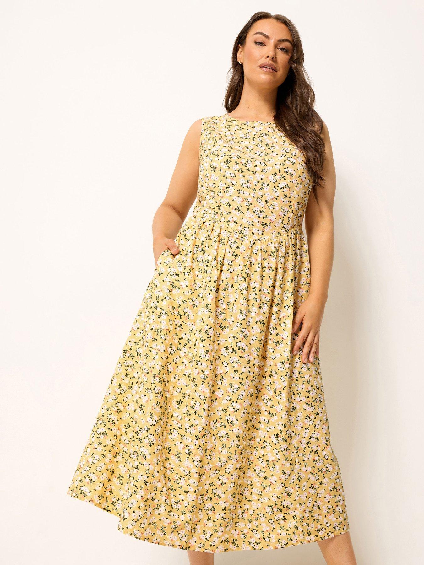 Yours Curveditsy Print Linen V Waist Midaxi Dress - Yellow