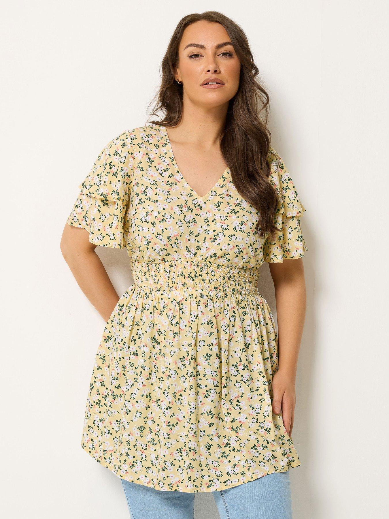 Yours Curve Floral Flutter Sleeve Top - Yellow