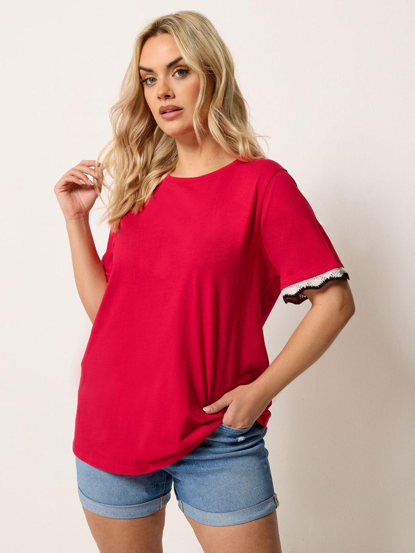 Yours Curve Metallic Crochet Trim T-Shirt - Black