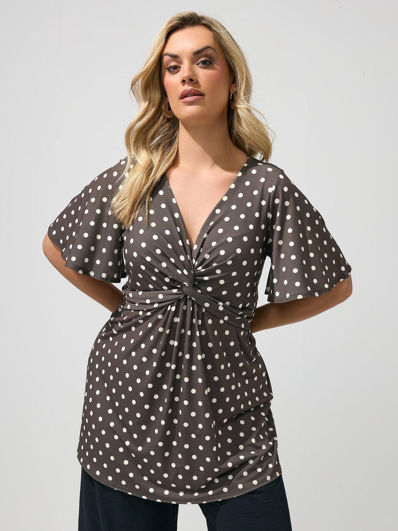 Yours Curve Polkadot Angel Sleeve Knot Front Top - Brown