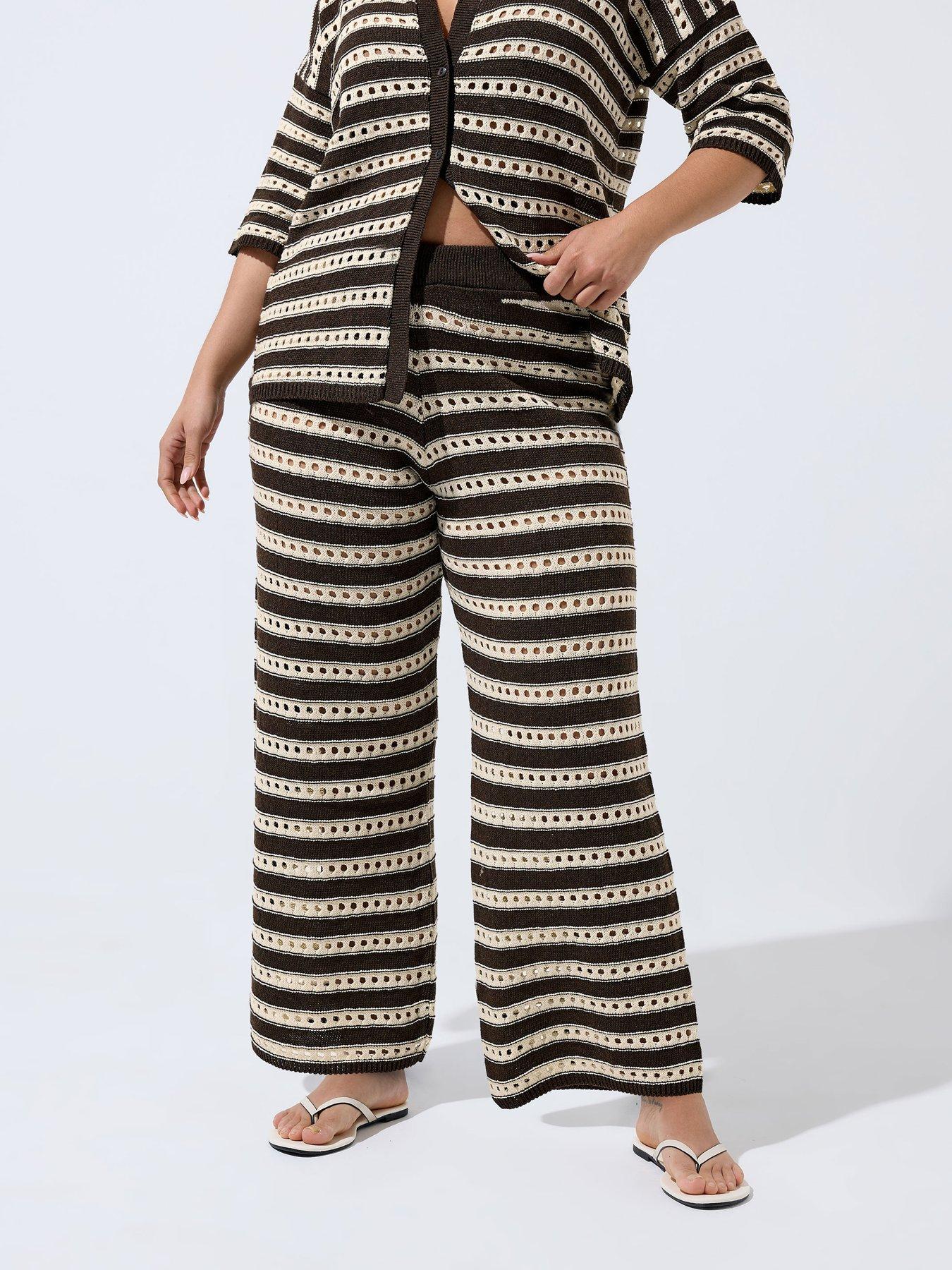 Image 1 of 4 of Yours Curve Knit Stripe Print Trousers - Brown