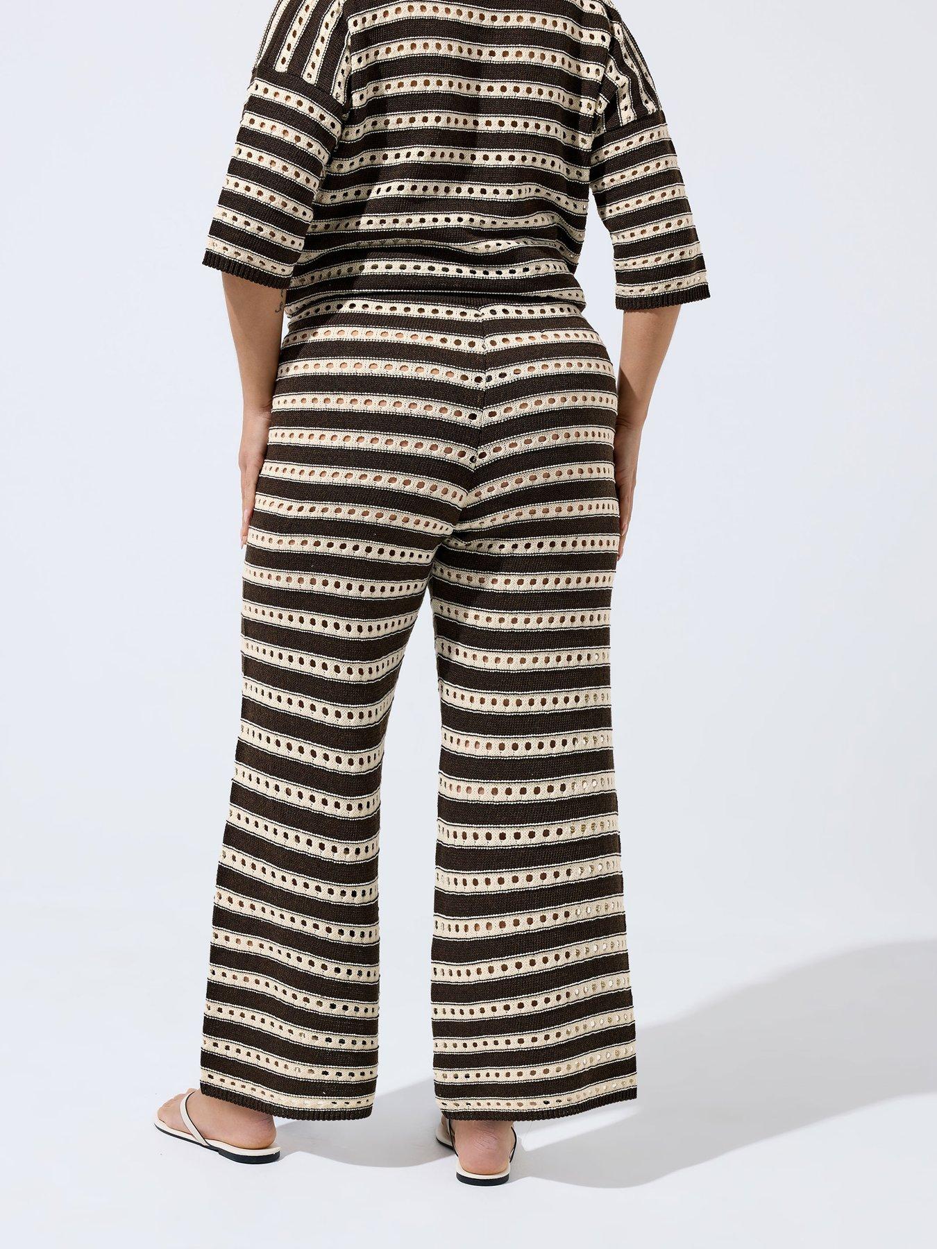 Image 2 of 4 of Yours Curve Knit Stripe Print Trousers - Brown