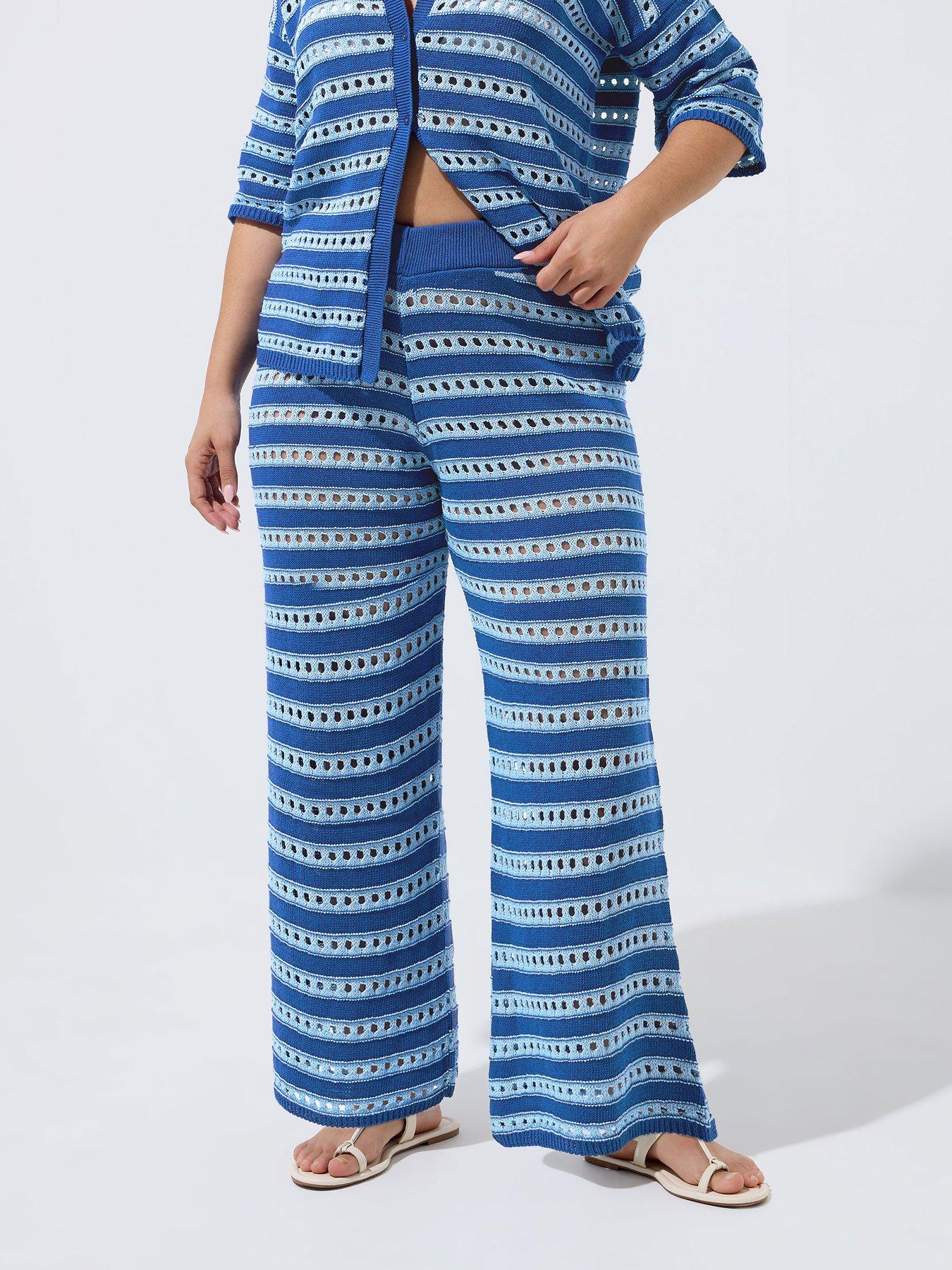 Yours Curve Stripe Knit Trouser - Blue