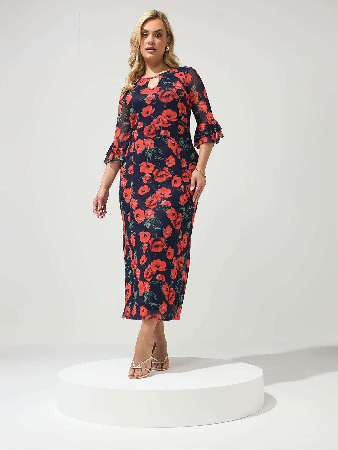 Yours Curve Poppy Floral Mesh Keyhole Dress - Blue