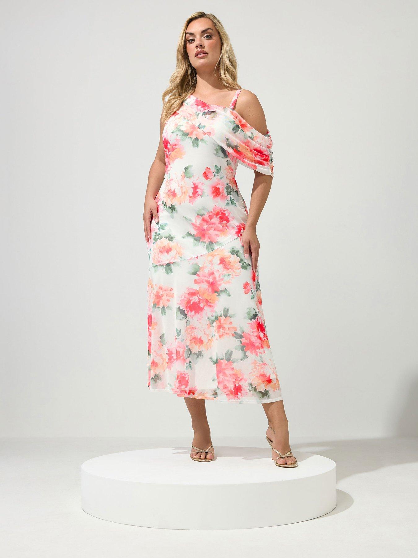 Yours Curve Floral Mesh Drape Shoulder Dress - White