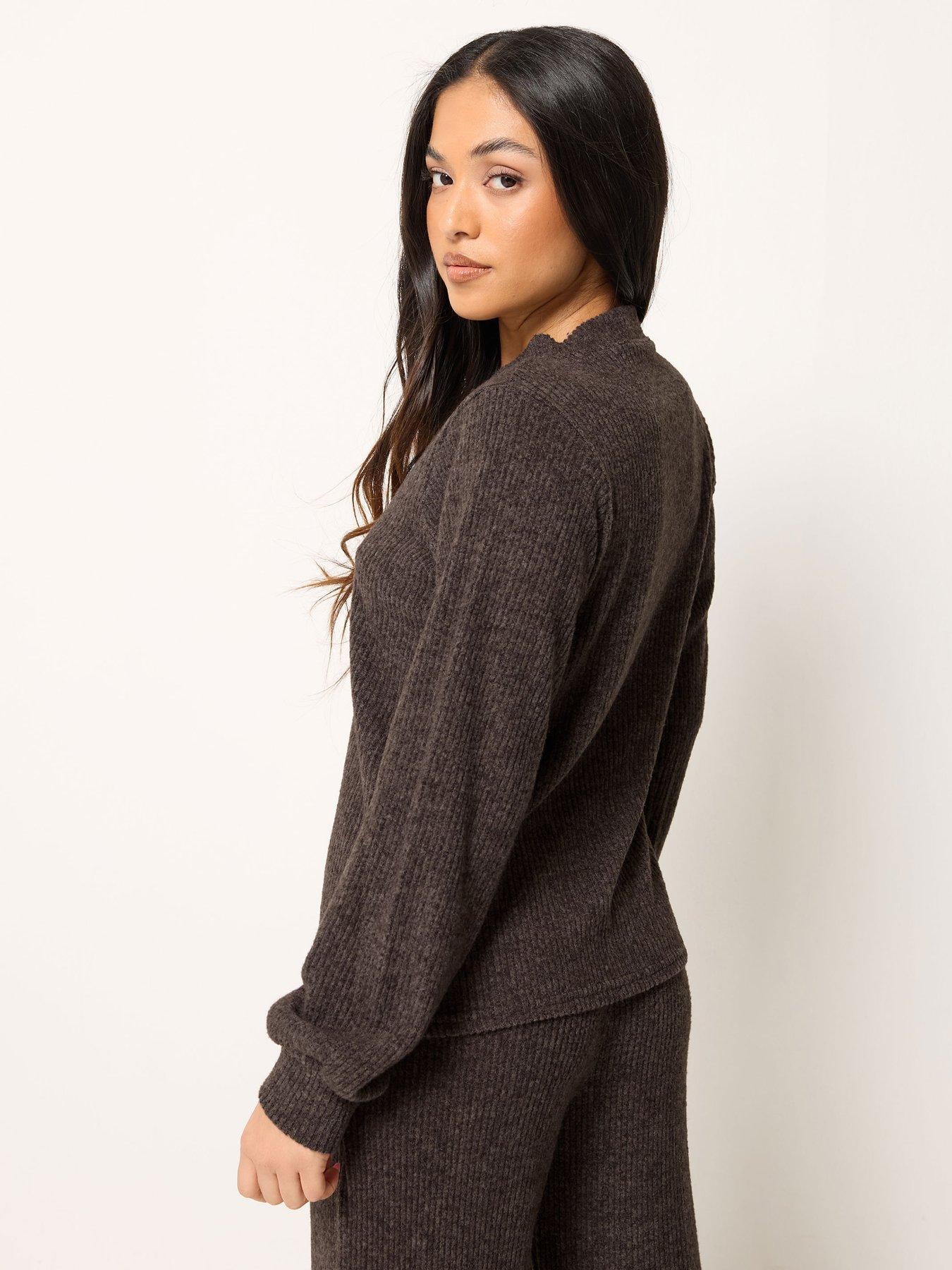 pixiegirl-petite-soft-touch-fine-rib-cardigan-brownstillFront