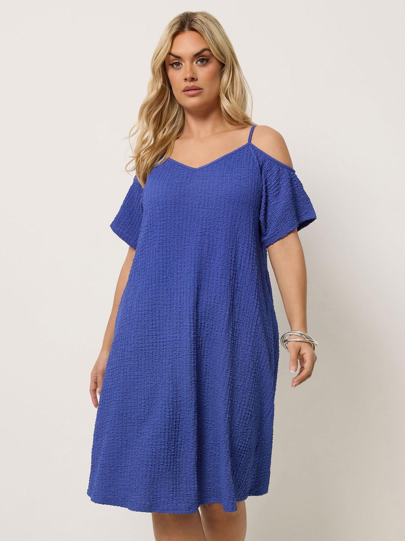 Yours Curve Textured Cold Shoulder Dress - Blue