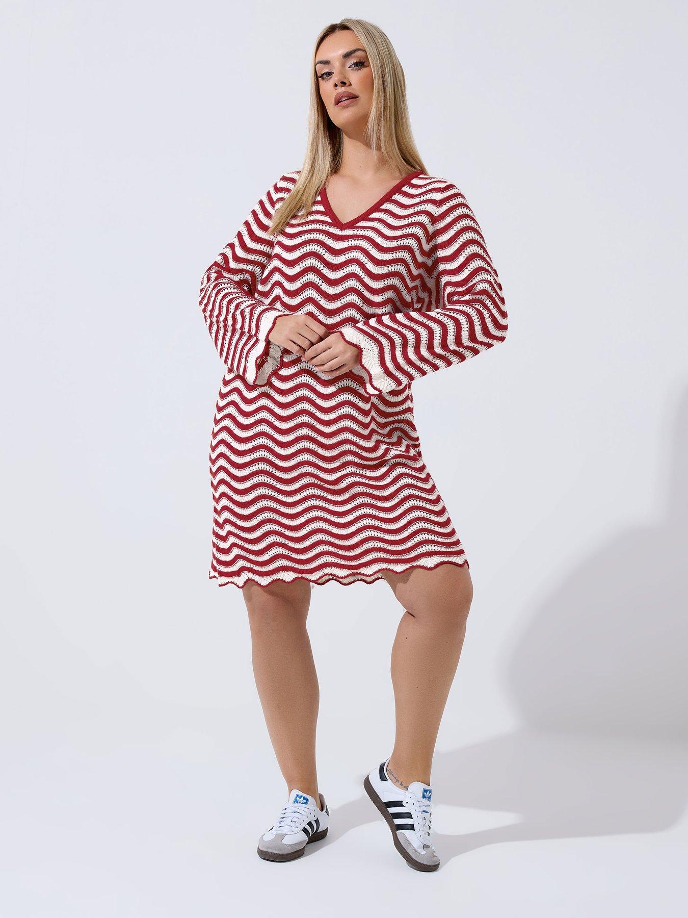 Image 1 of 4 of Yours Curve Crochet Stripe Dress - Red
