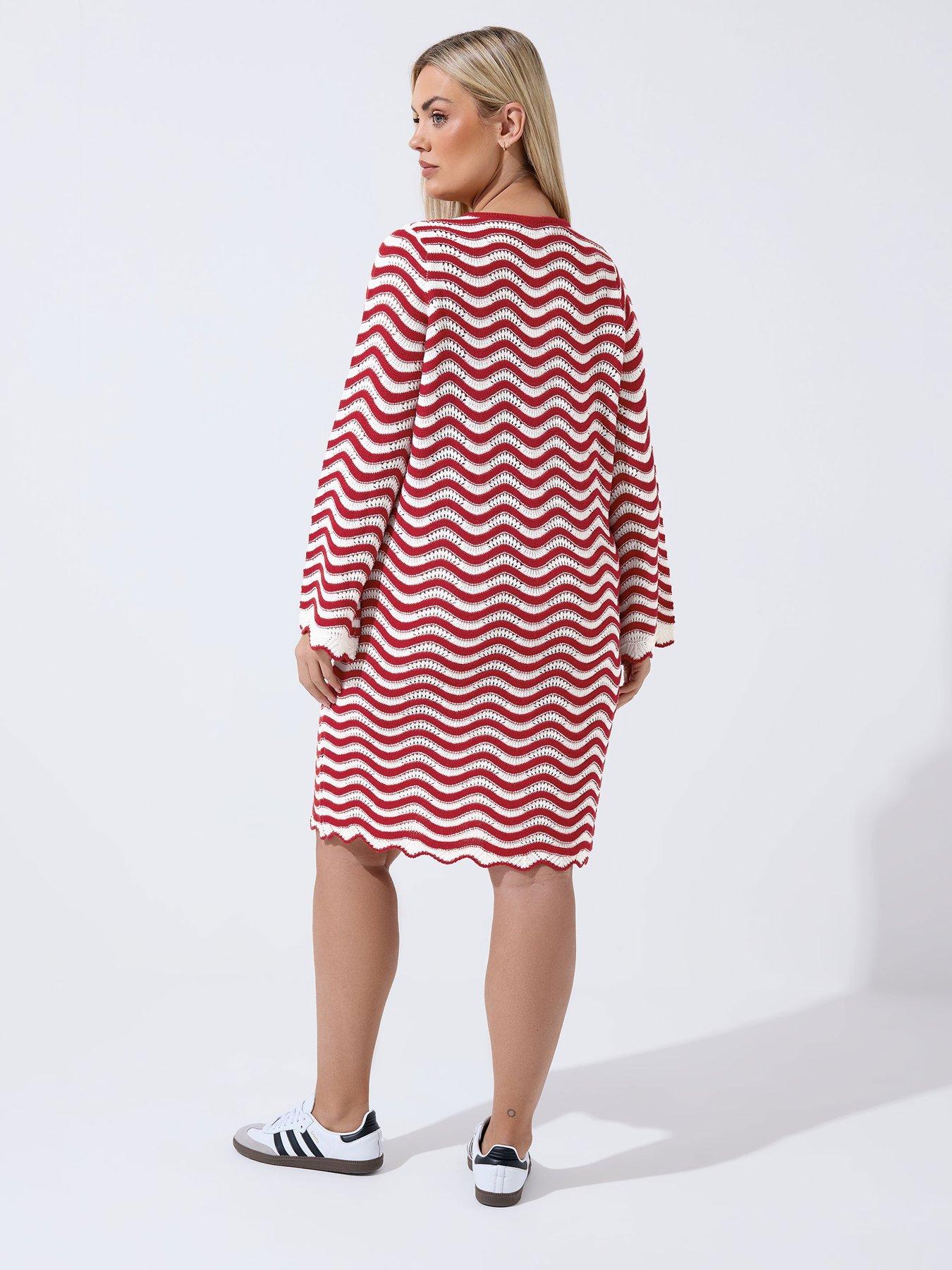 Image 2 of 4 of Yours Curve Crochet Stripe Dress - Red