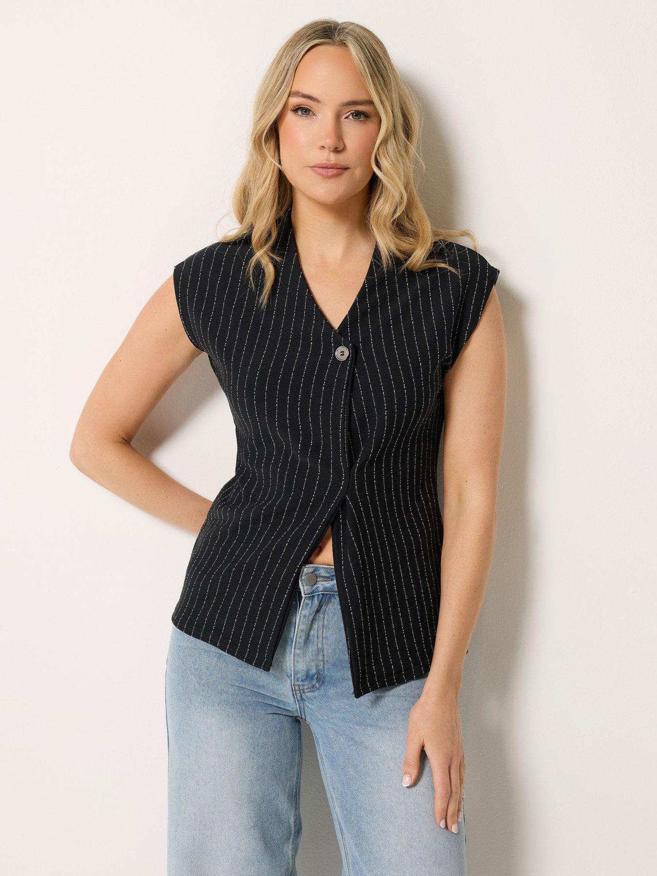 Long Tall Sally Pinstripe Button Top - Black