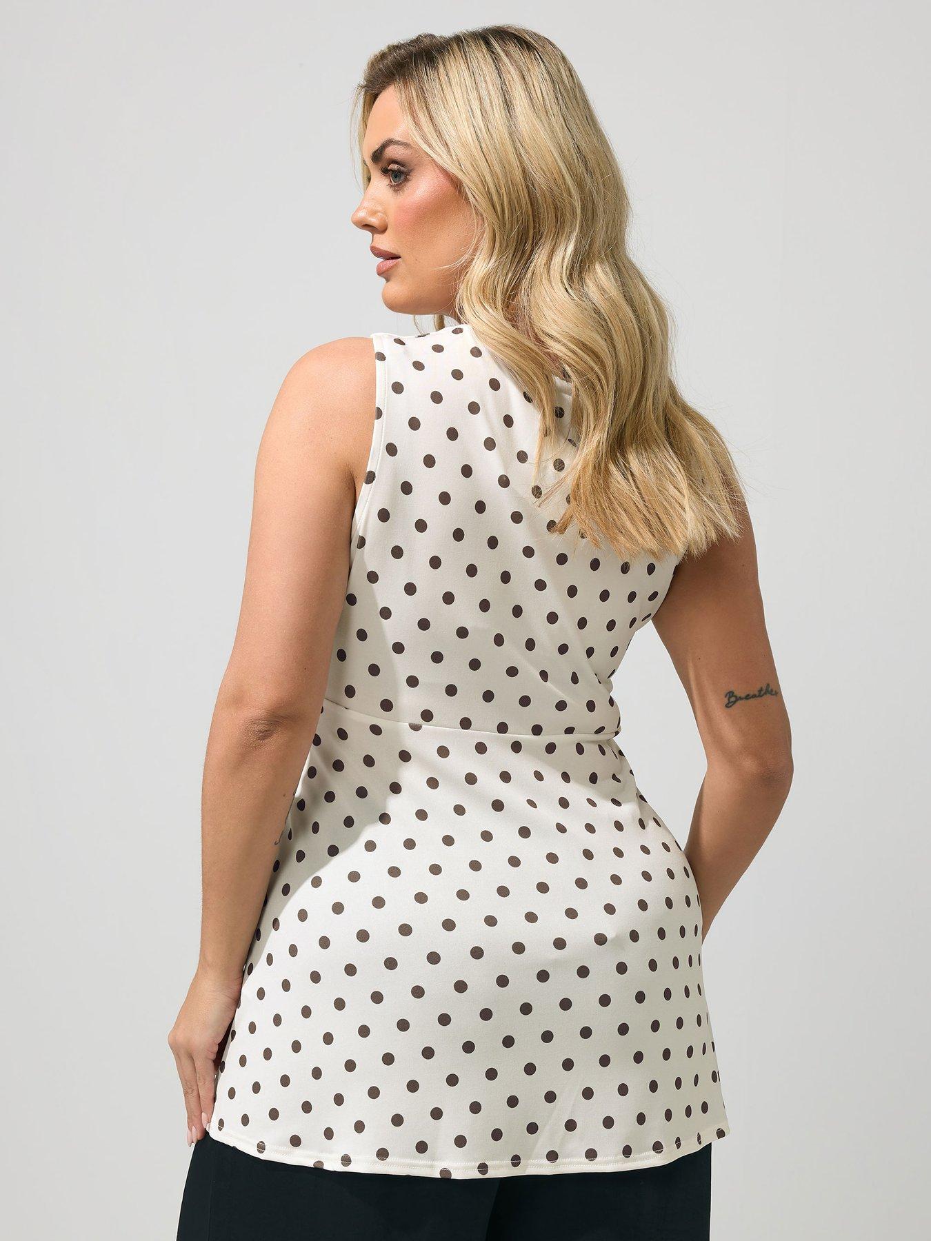 yours-curve-polka-dot-sleeveless-knot-front-top-ivorystillFront