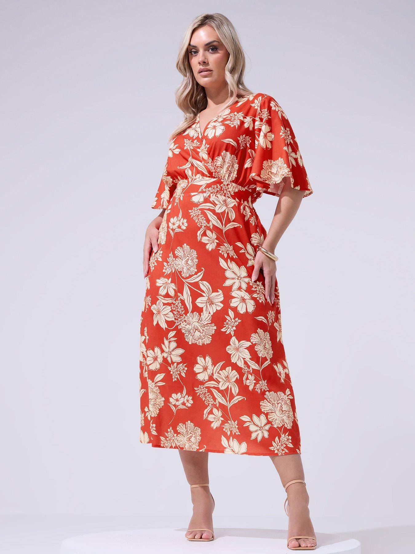 Yours Curve Floral Linen Look Wrap Dress - Red