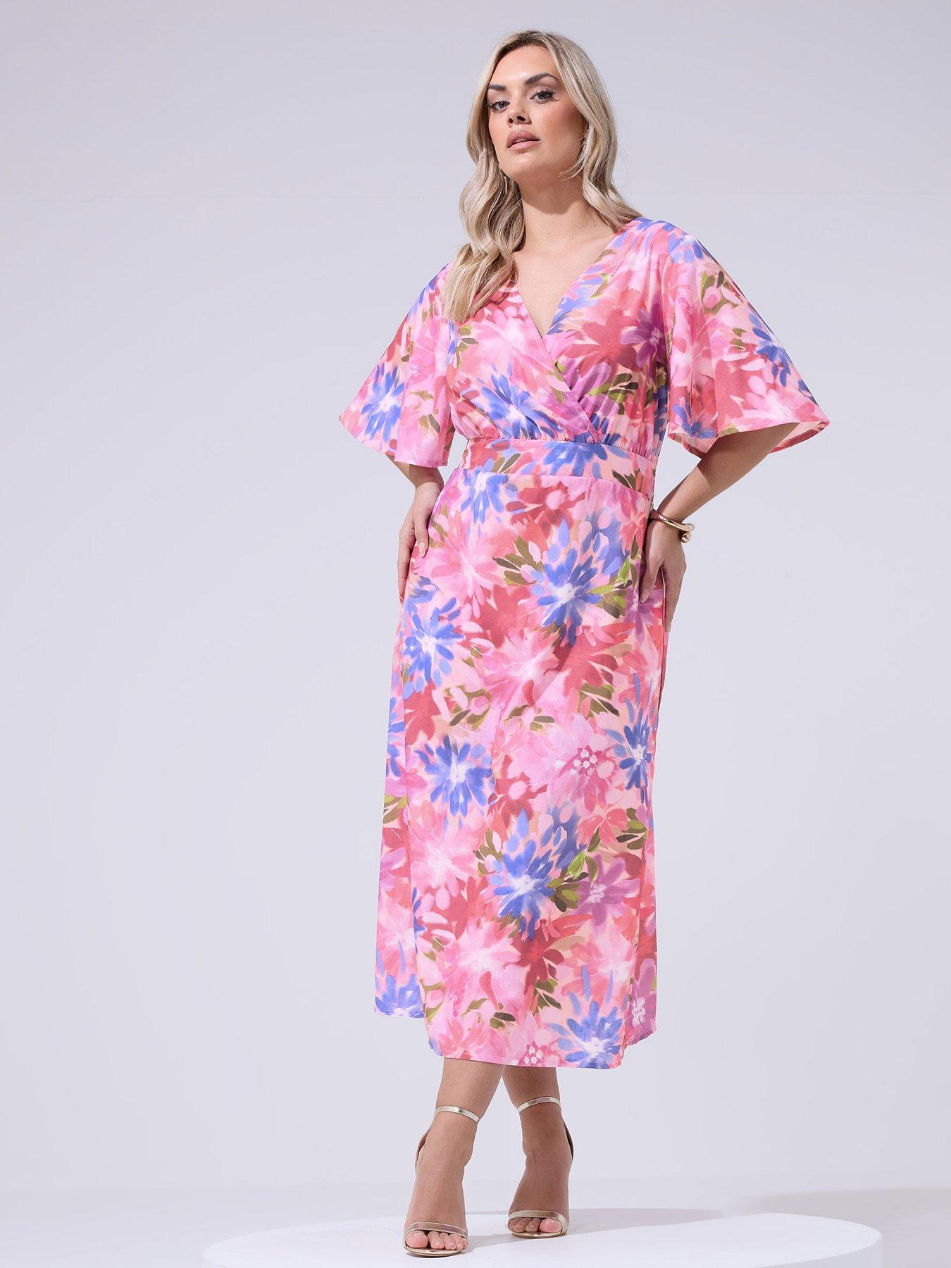 Yours Curve Floral Linen Look Wrap Dress - Pink